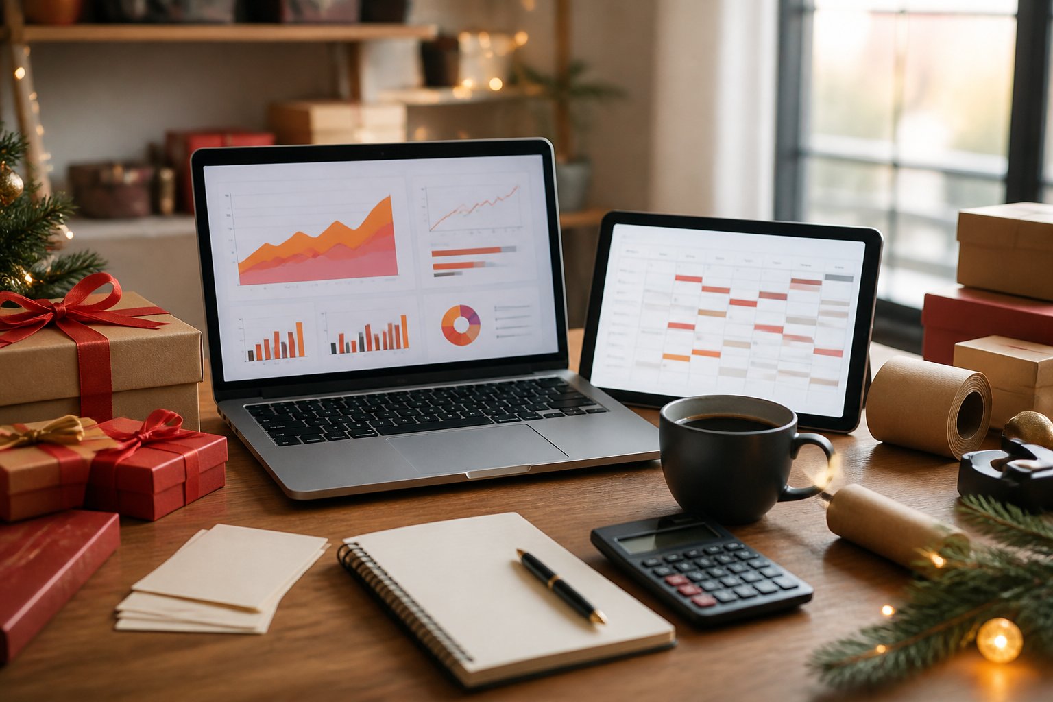 A professional holiday-season workspace with a laptop showing analytics, a seasonal planning tablet, gift boxes, and festive decorations.