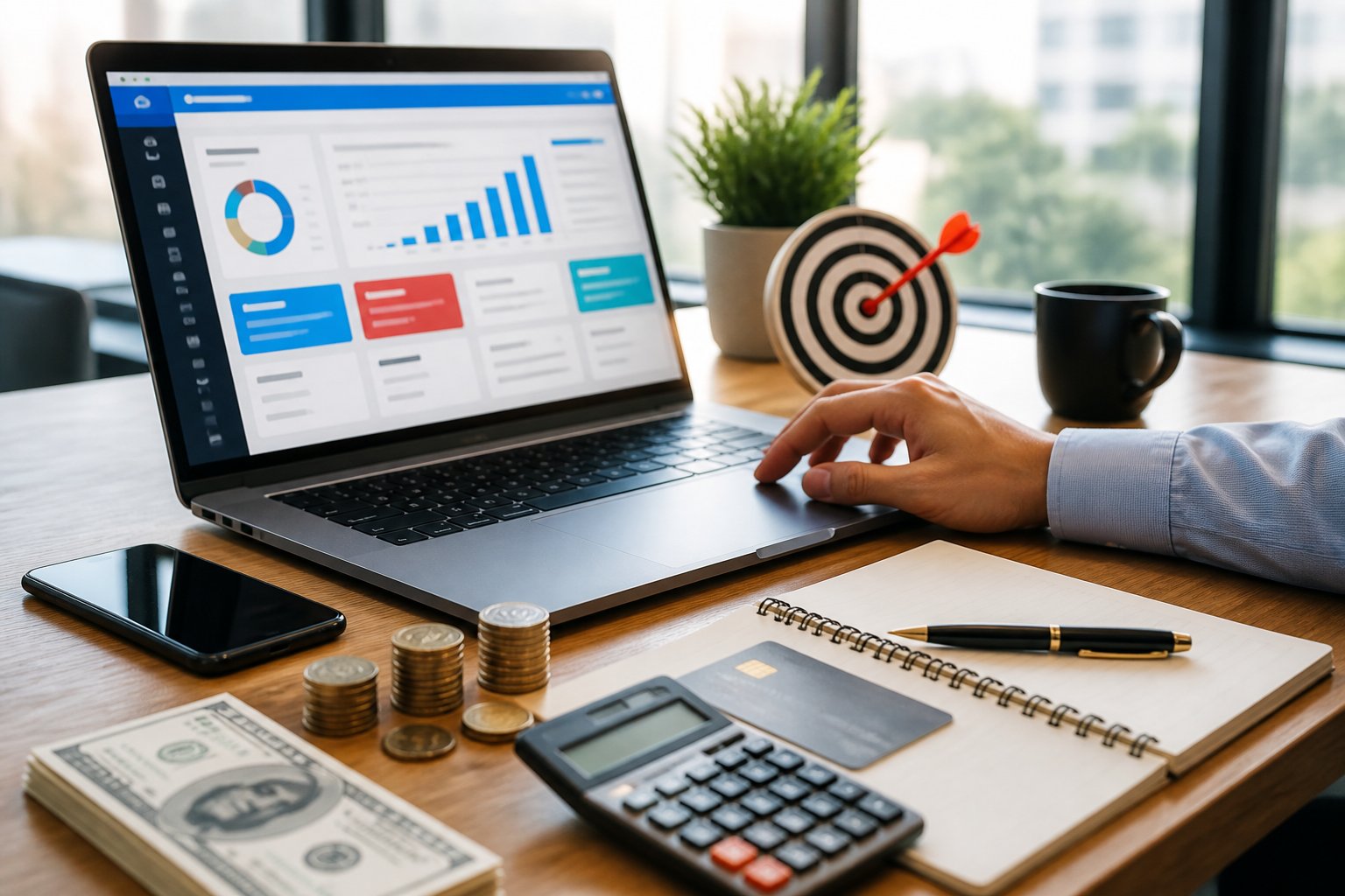A modern workspace with a laptop showing abstract advertising analytics, a calculator, coins, and budgeting materials.