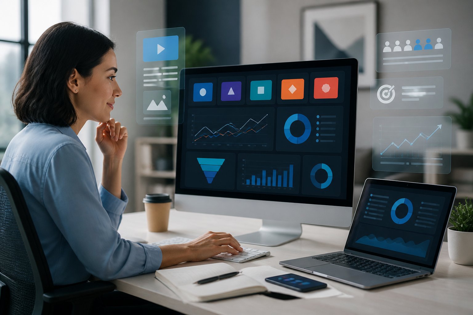Marketing professional managing digital advertising campaigns on multiple screens.