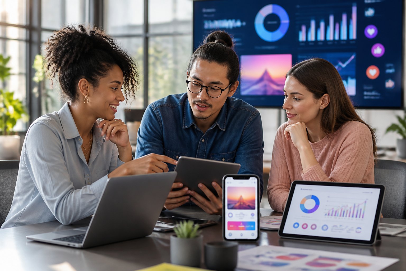 A diverse marketing team collaborates around digital devices in a modern office.