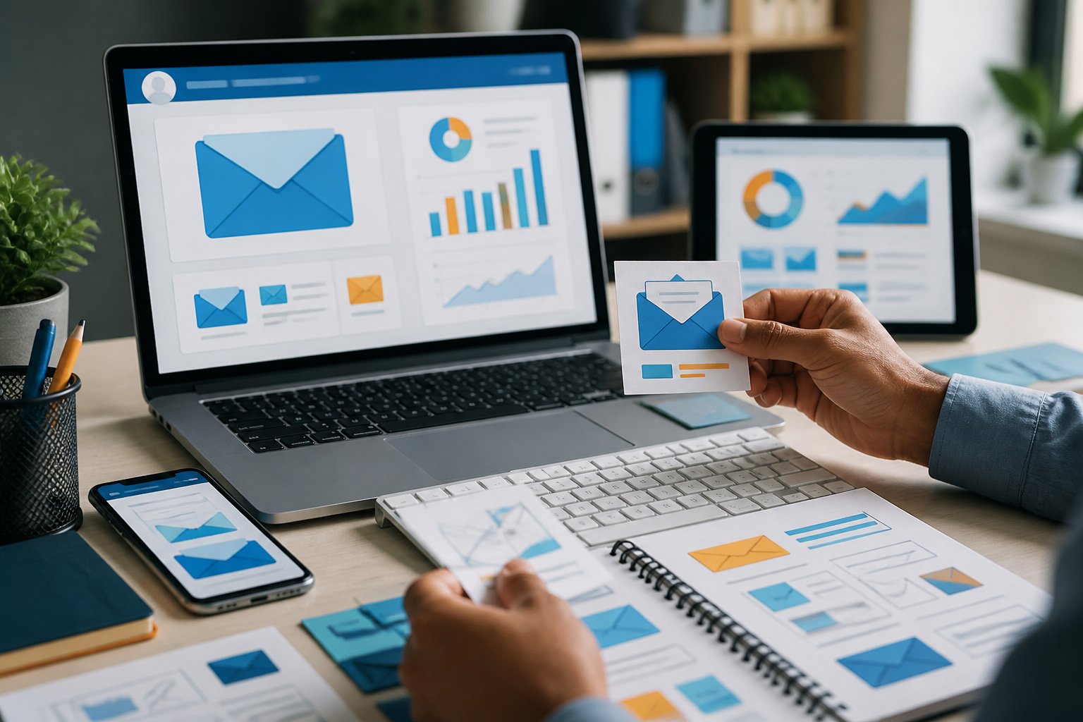 A marketing professional reviews an email campaign on a laptop beside digital devices and analytics materials.