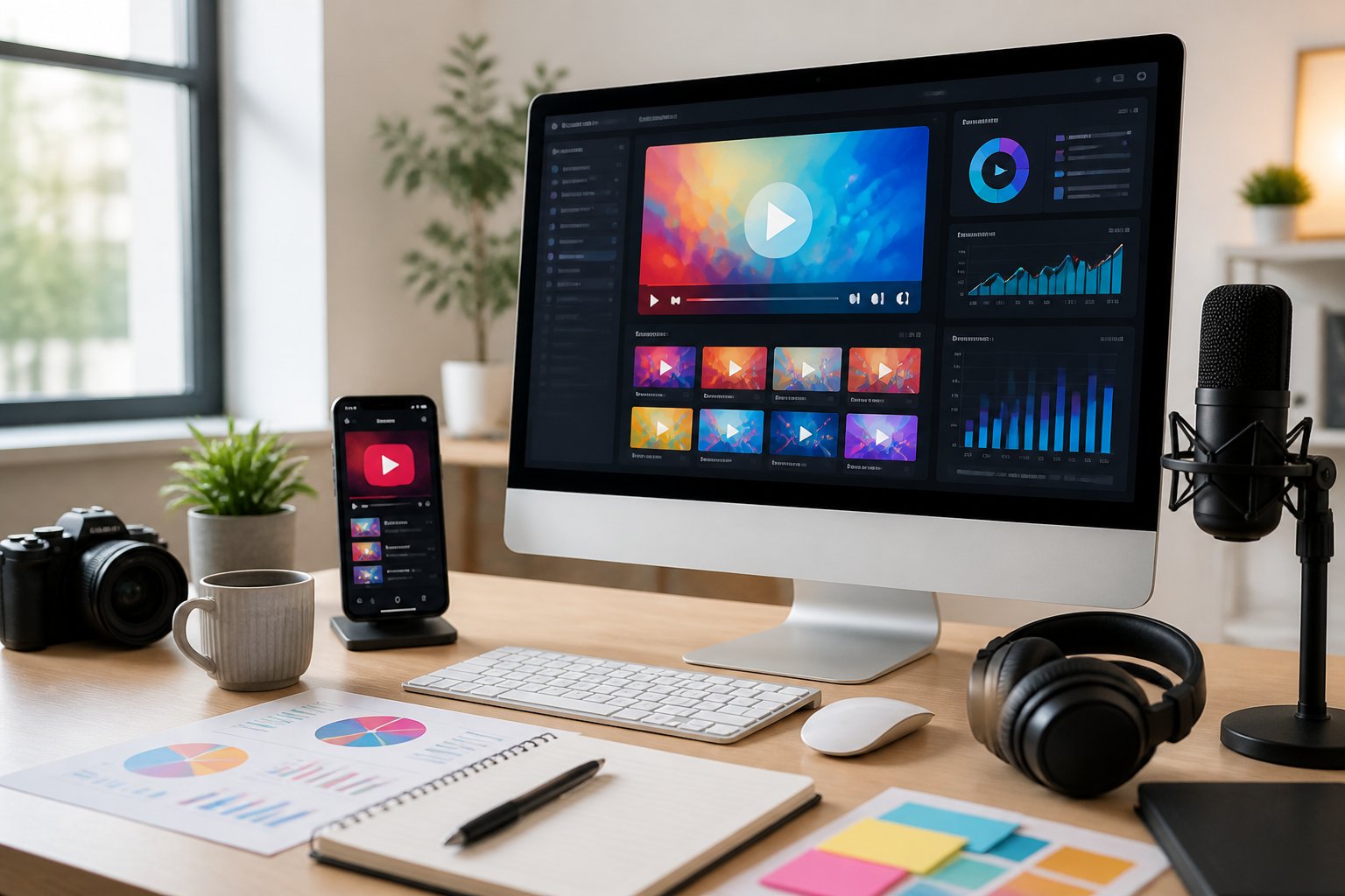 A modern workspace with screens showing a video advertising campaign and marketing equipment.