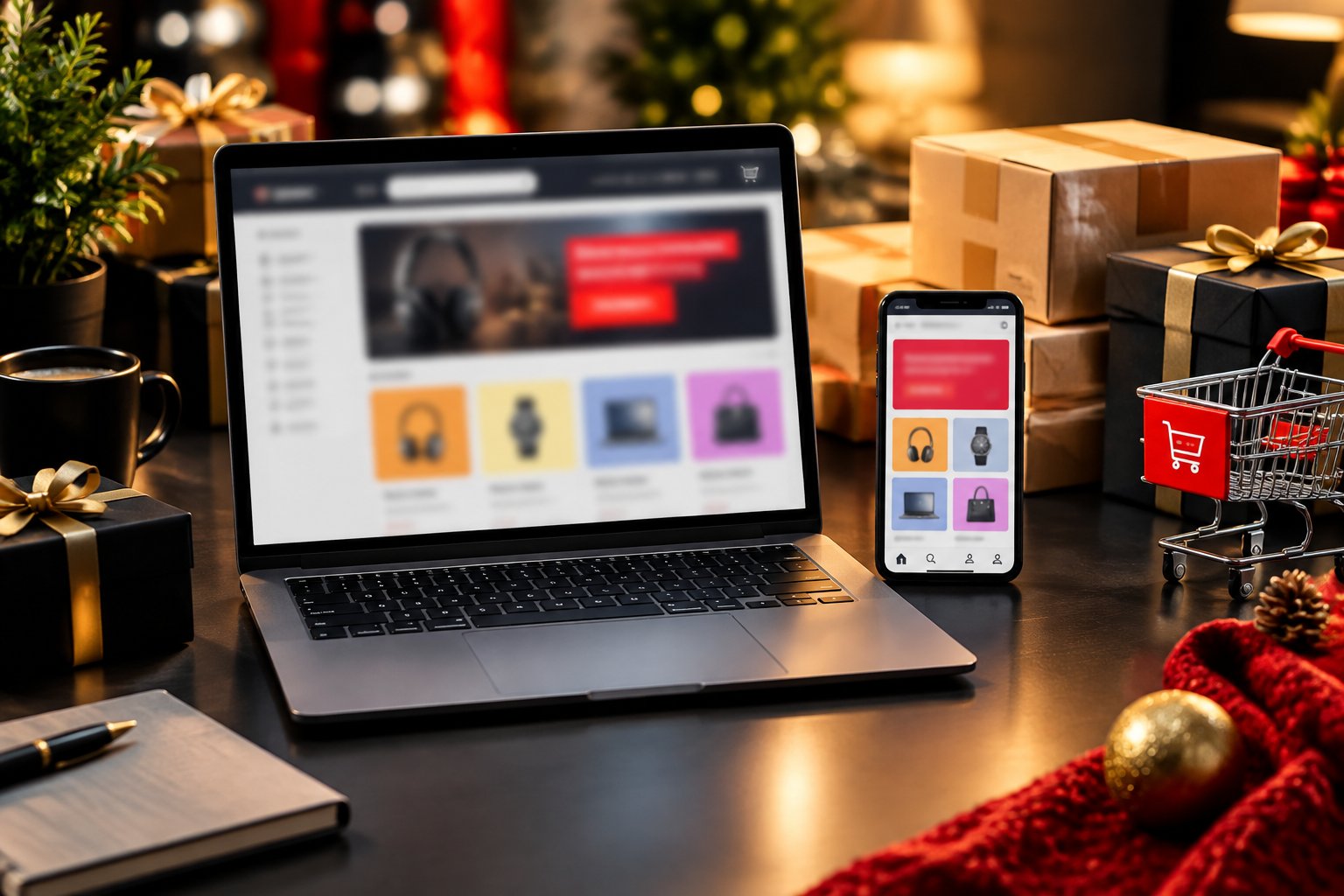 A modern workspace with a laptop, smartphone, shopping packages, and seasonal retail decorations.