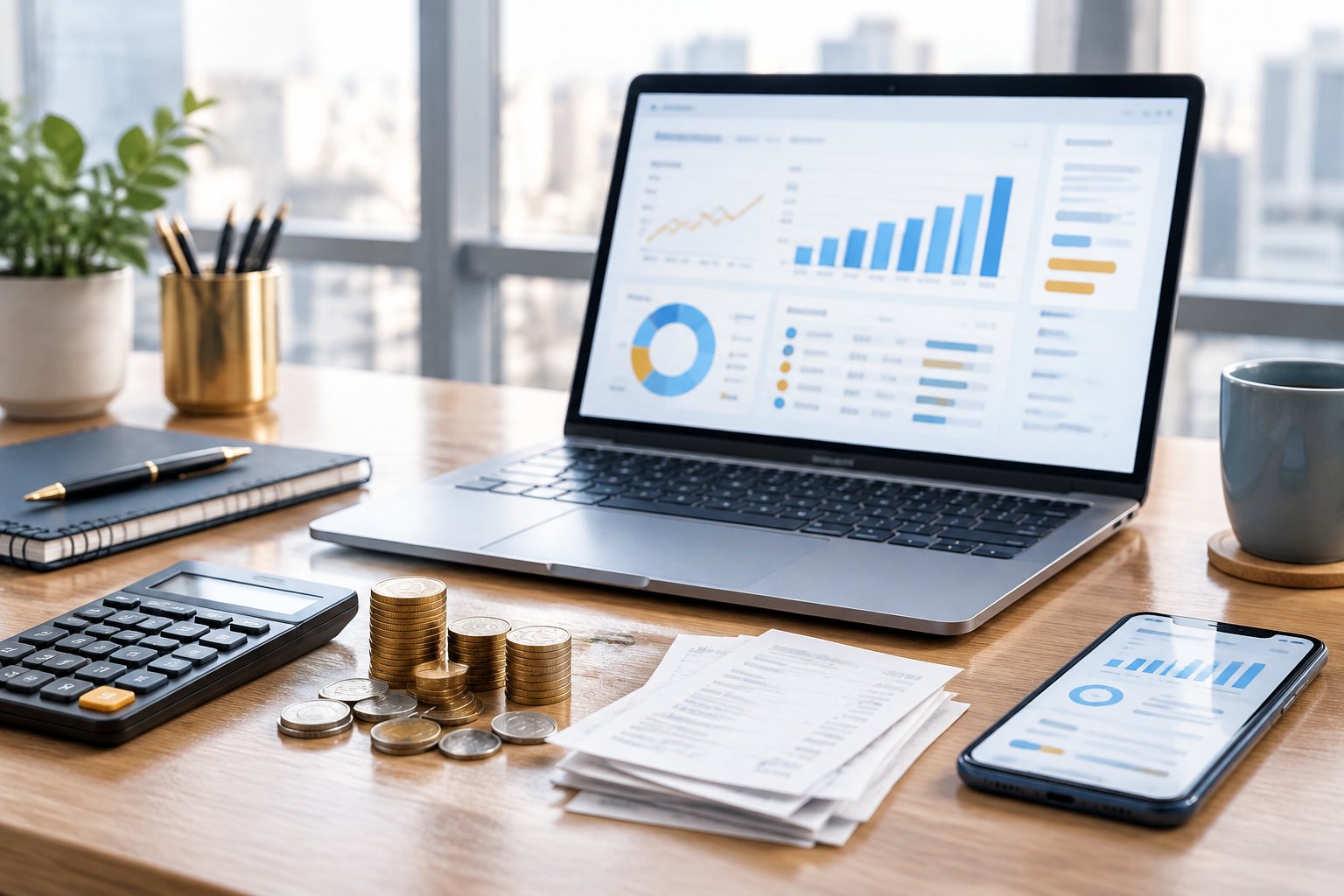 A modern desk with a laptop showing abstract advertising analytics, a calculator, coins, receipts, and a smartphone.