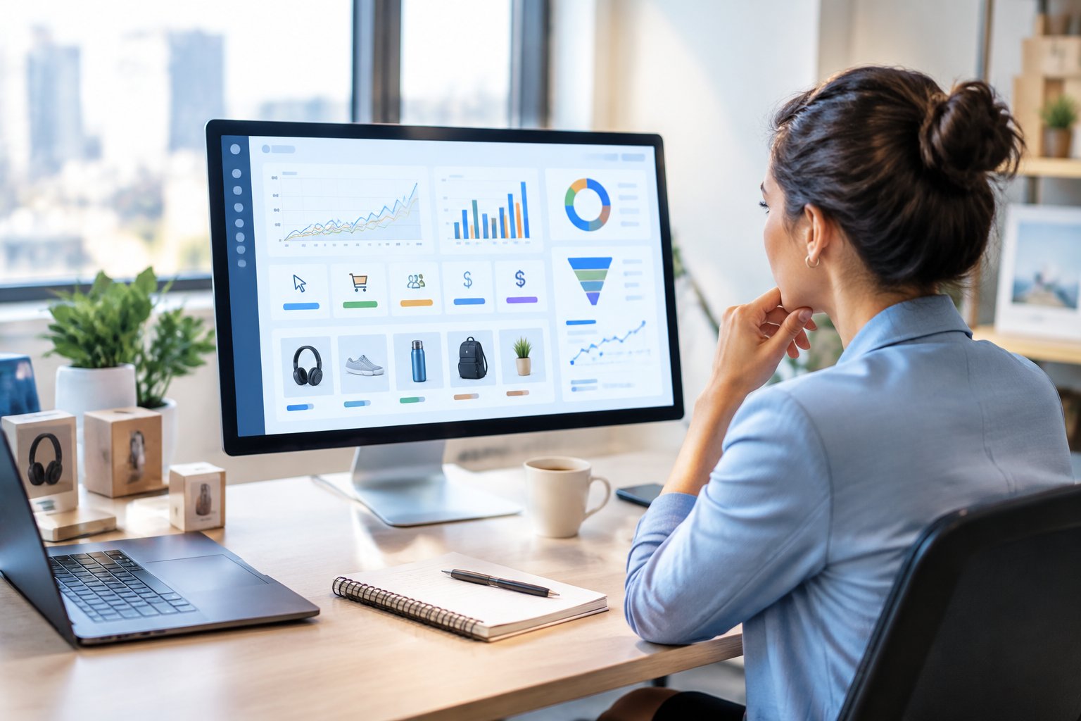 A marketing professional reviews advertising analytics on a computer in a modern office.