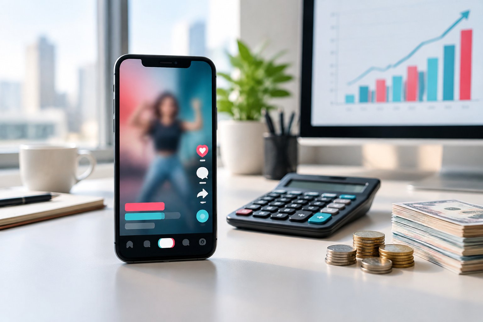 A smartphone, calculator, coins, and banknotes arranged on a desk beside a rising analytics chart.
