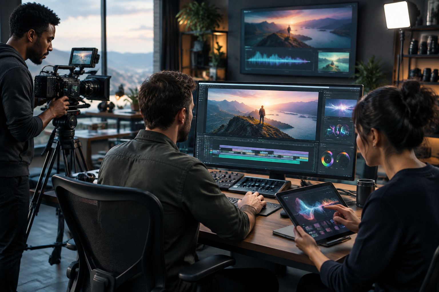 A creative team works together in a video production studio.