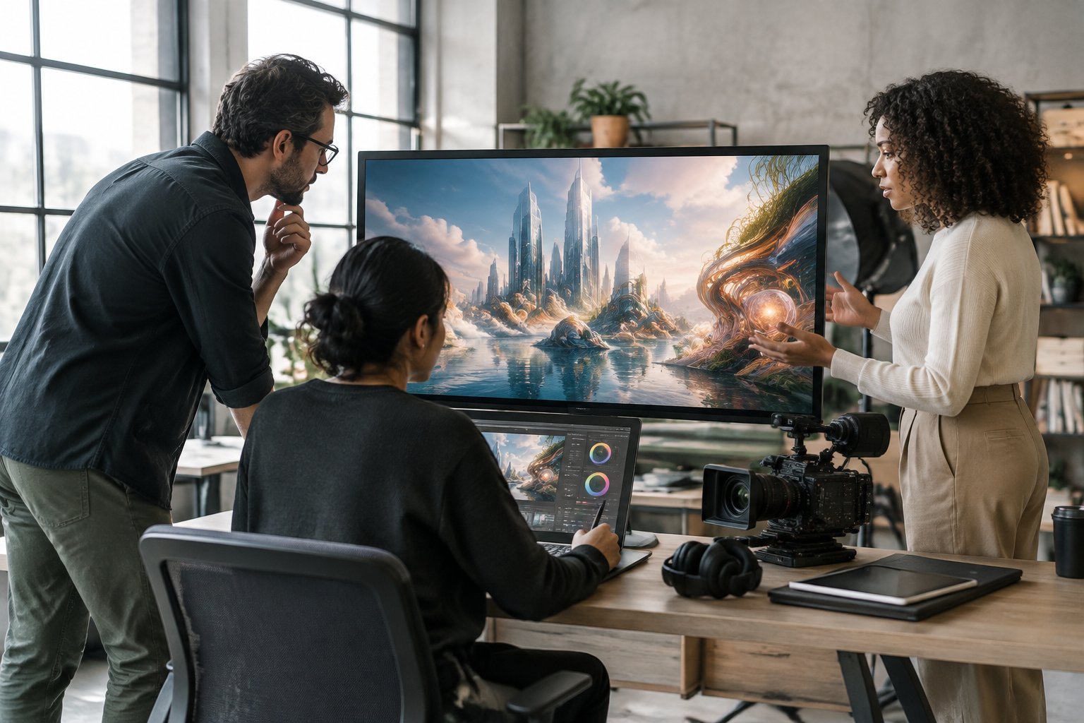 A creative team reviews a cinematic visual on a large studio monitor.