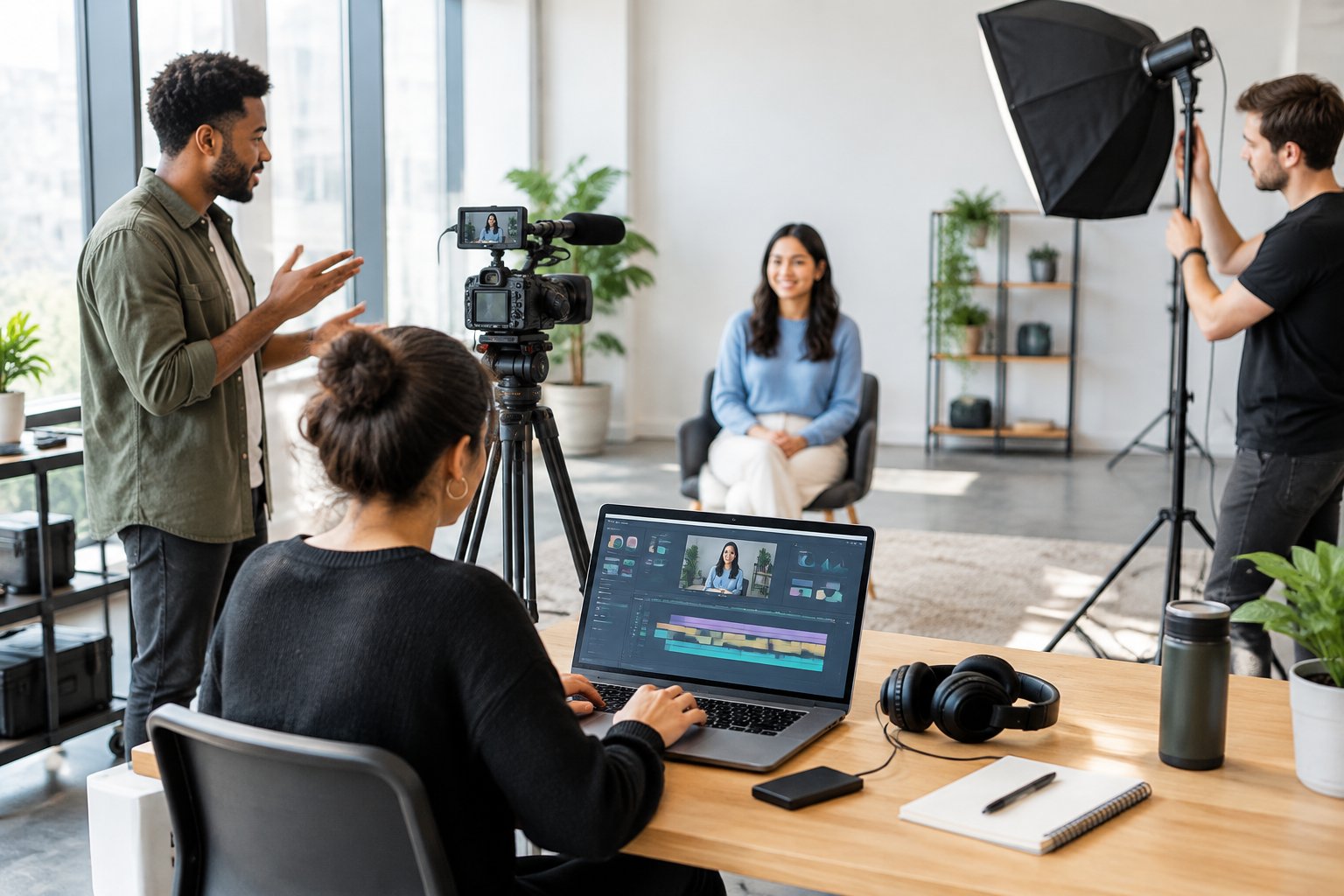 A creative team collaborates on a video shoot in a modern studio.