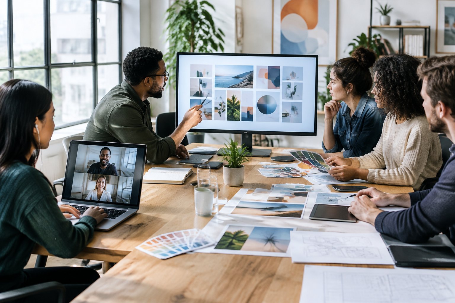 Creative professionals from an agency and an in-house team collaborate around a table.