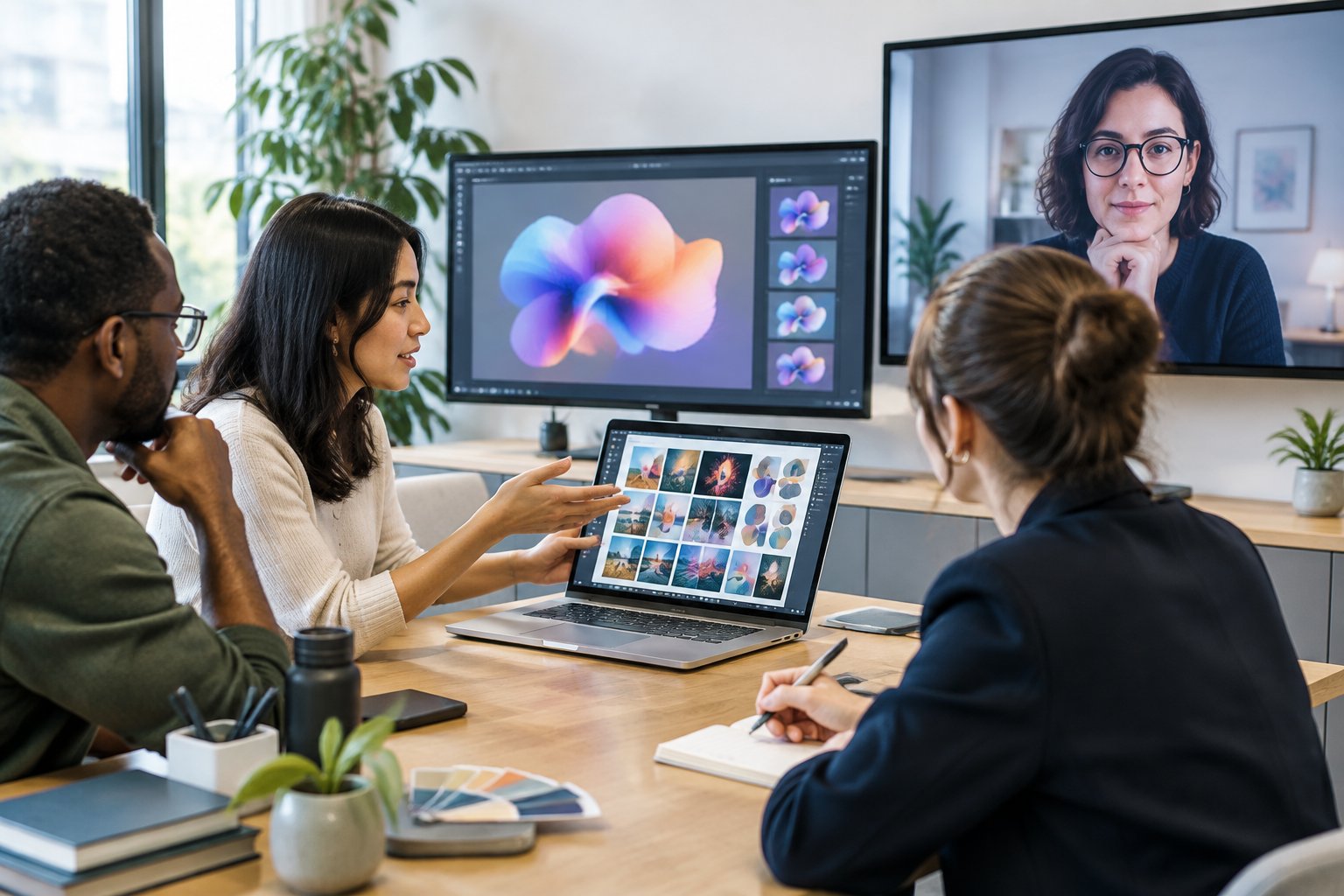 An in-house creative team collaborates with a remote partner during a video call.