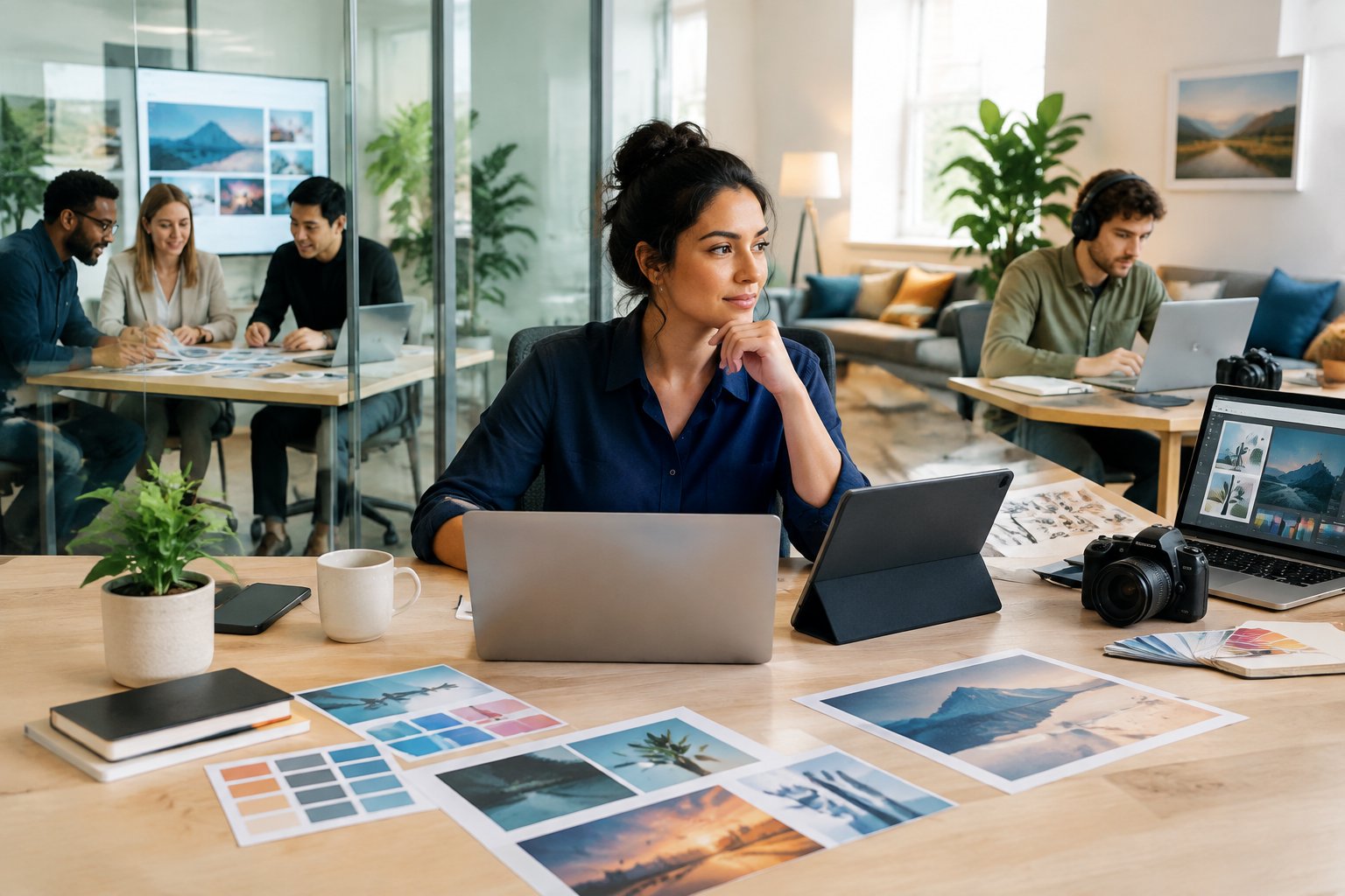 A business owner compares creative work from an agency team, a freelancer, and digital tools.