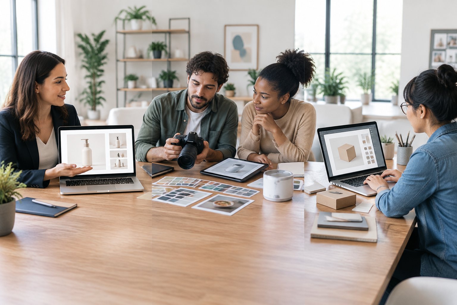 A marketing team compares product photography created by an agency, freelancers, and a person using design tools.