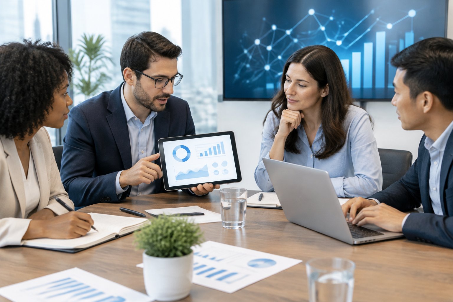 A marketing team discusses agency options around a table with a tablet and laptop.