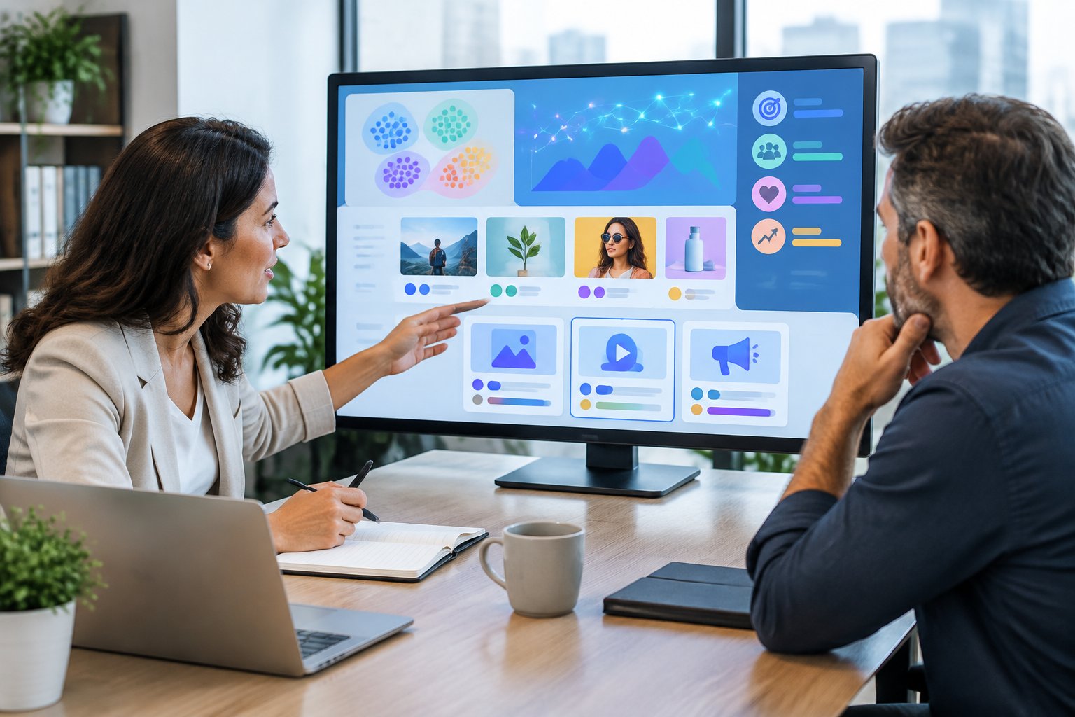 A business owner and marketing strategist review advertising campaign options on a screen.
