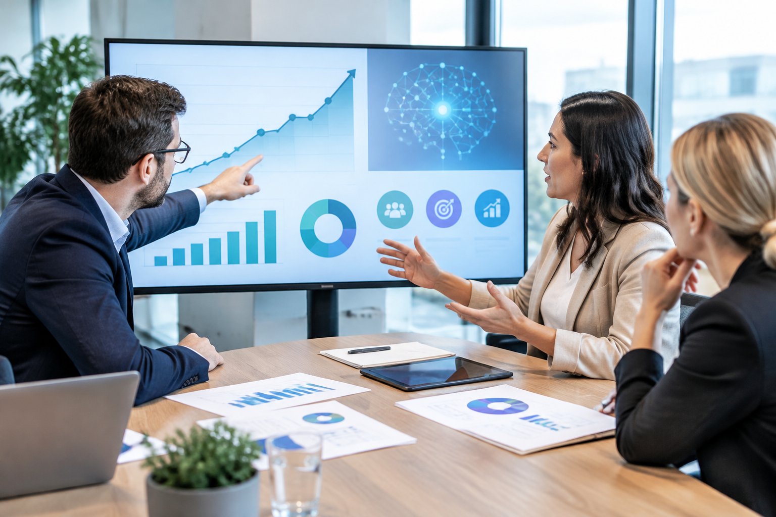 A client and an advertising agency representative review campaign performance charts on a monitor.