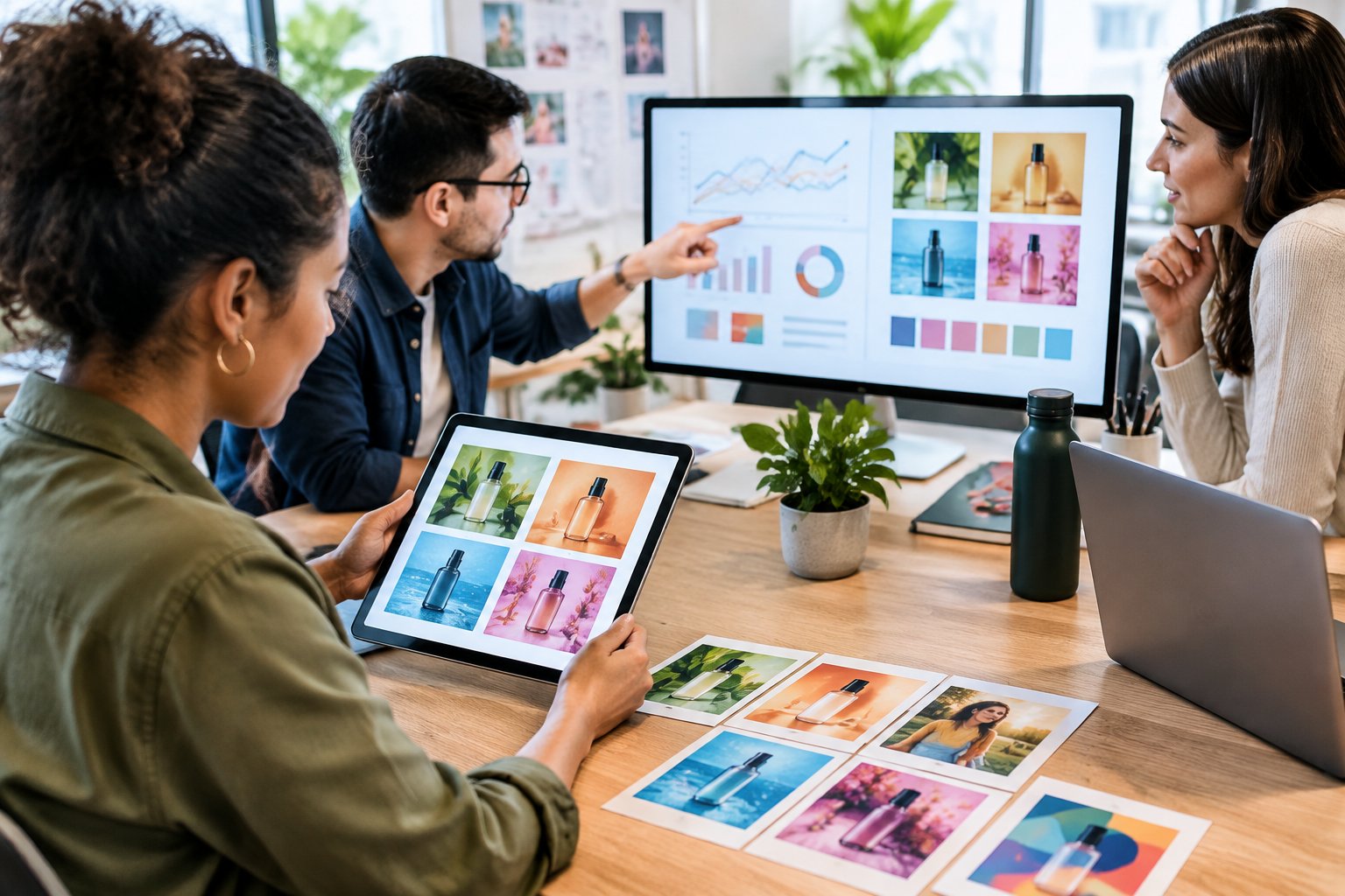 A marketing team compares ad concepts on a tablet and monitor.