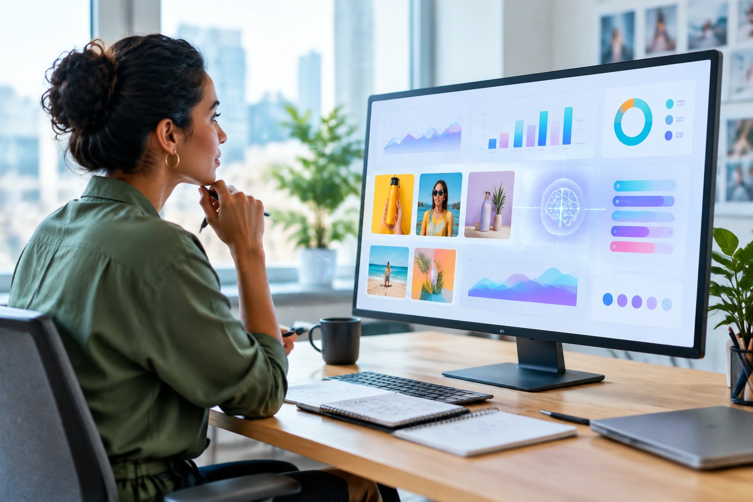 A marketing professional reviews visual campaign concepts and analytics on a screen.