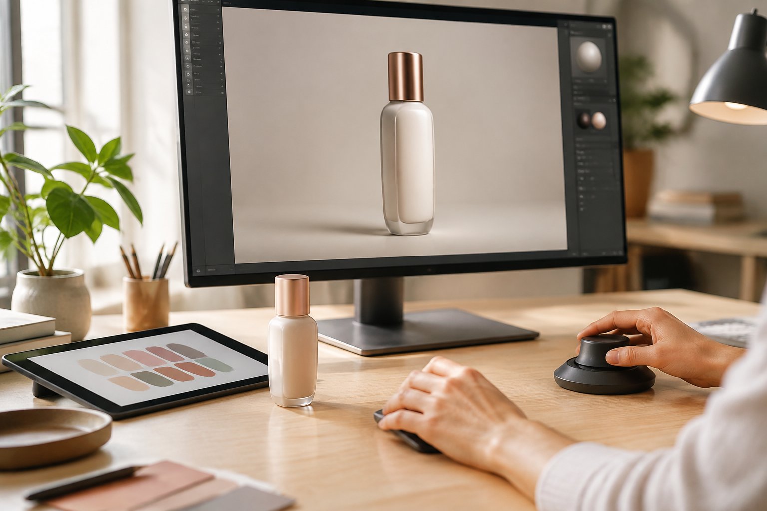 A designer works on a digital 3D model of a bottle beside a matching prototype.