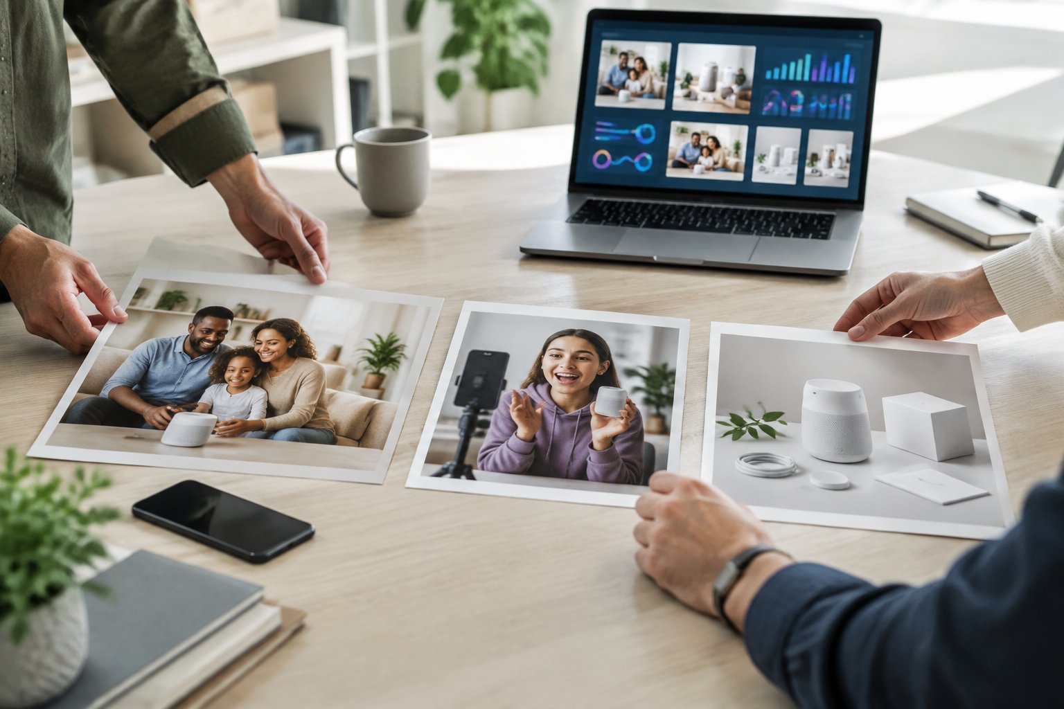 A marketing team arranges lifestyle, creator-led, and product-focused advertising concepts around a laptop.