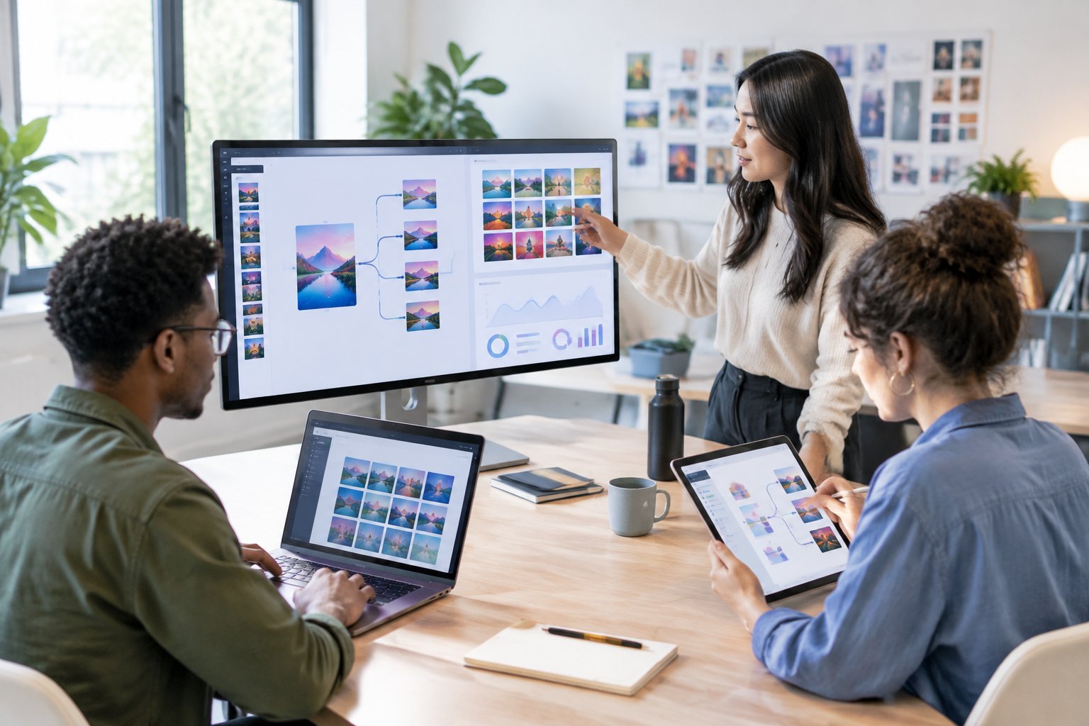 A creative team collaborates around a laptop, tablet, and large monitor.