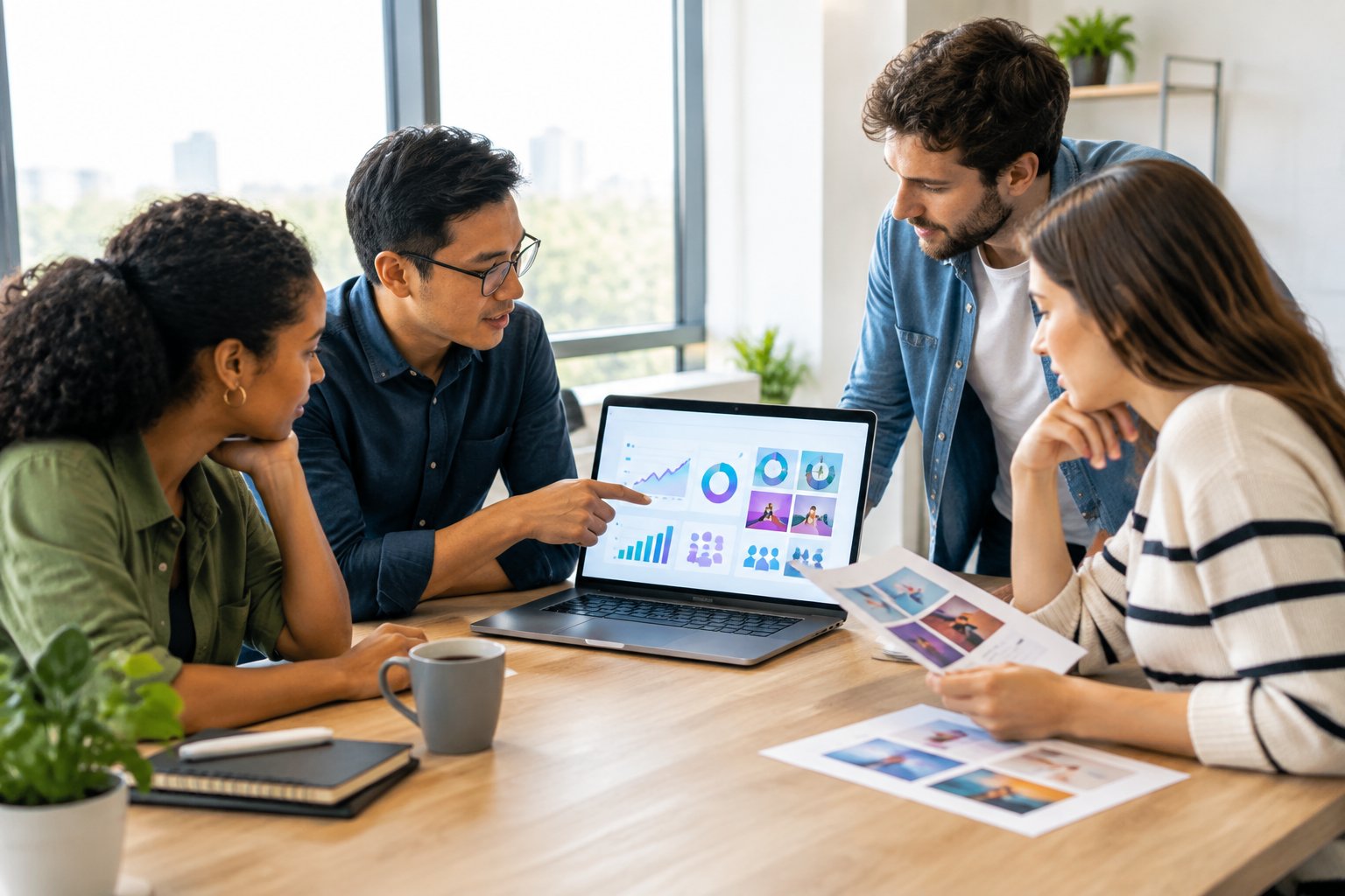A marketing team reviews an advertising dashboard on a laptop in a modern office.