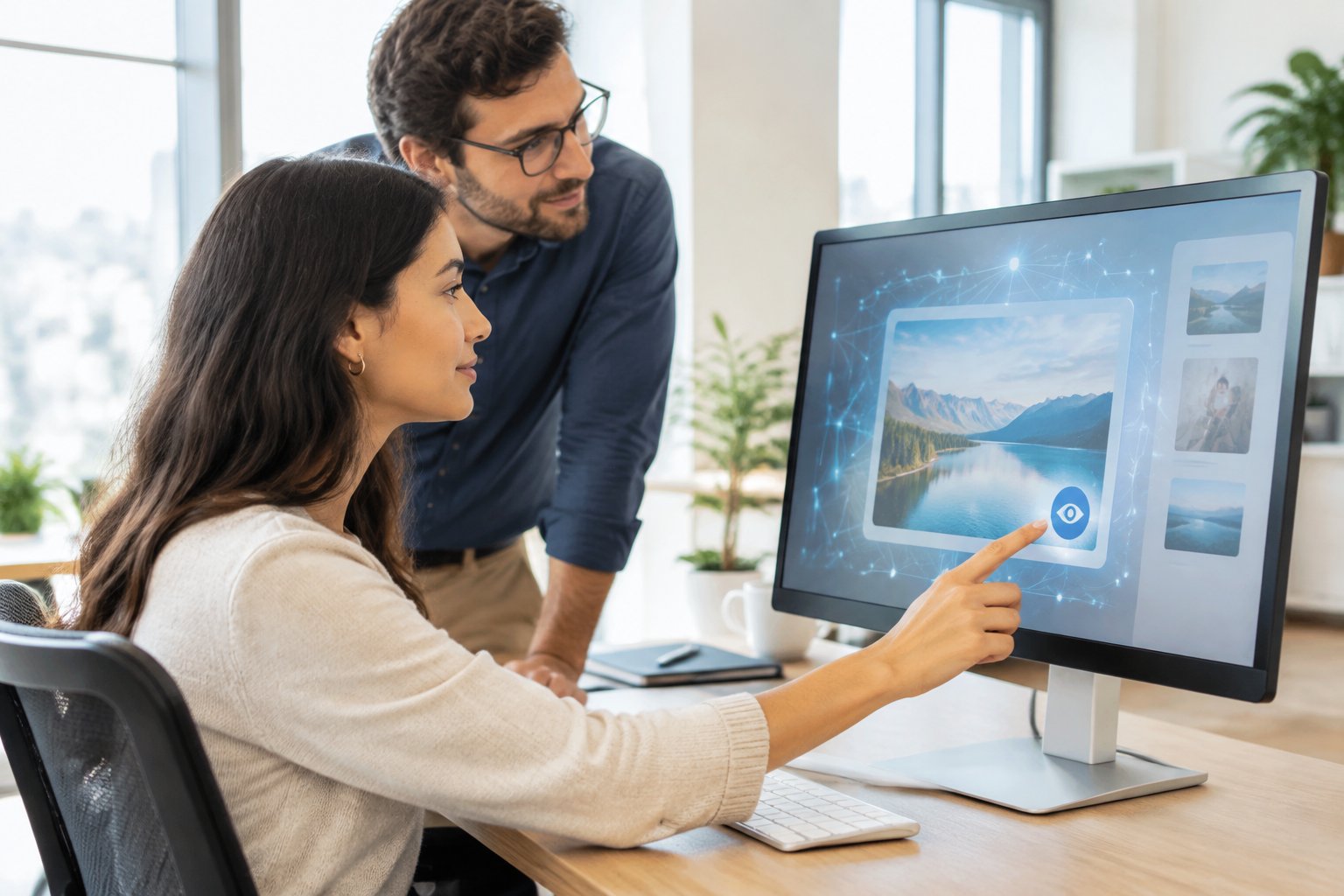 Two marketing professionals review a digital advertisement on a computer screen.