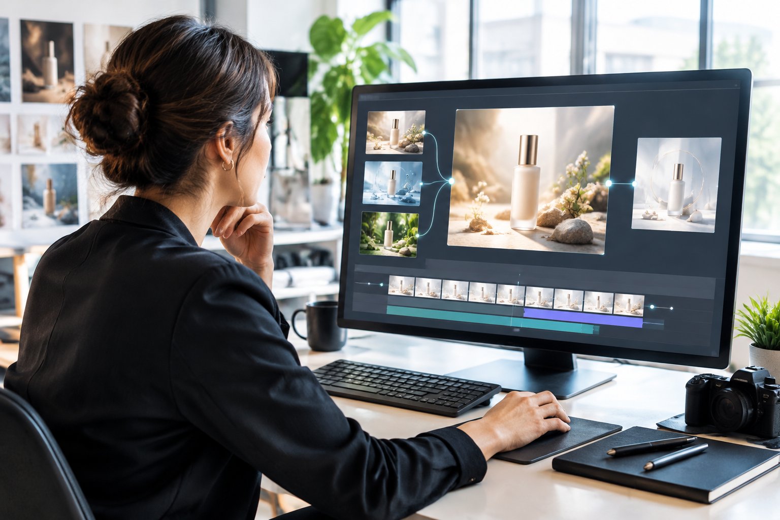 A marketing creative reviews an AI-generated skincare advertisement on a computer.