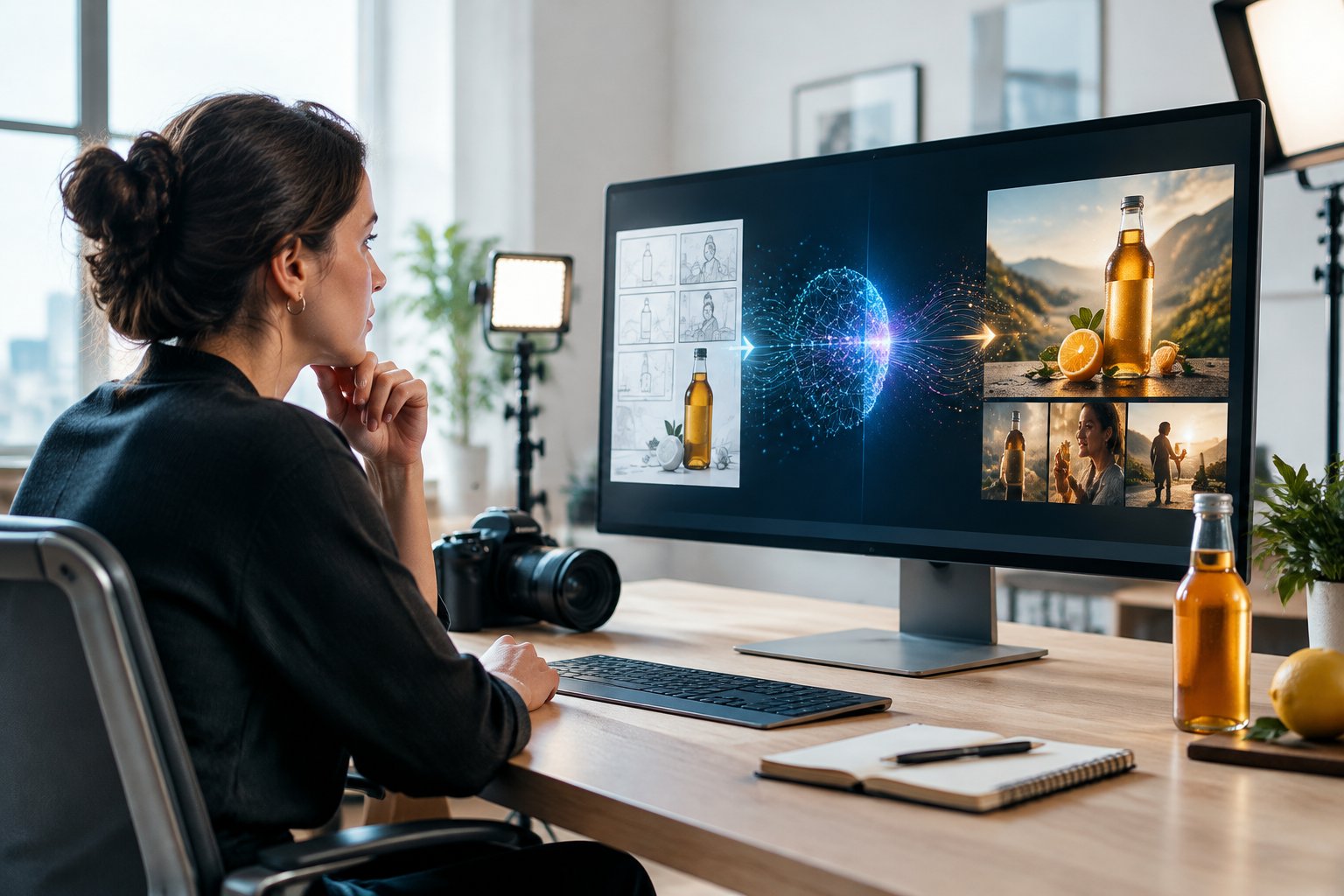 A marketing professional reviews an AI-generated beverage advertisement at a workstation.