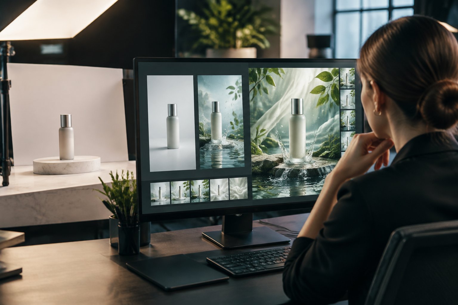 A marketer reviews a skincare bottle transformed into a polished advertising scene.