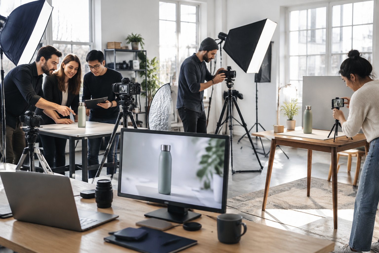 A small business owner, a freelance videographer, and a production team film the same product using different studio setups.