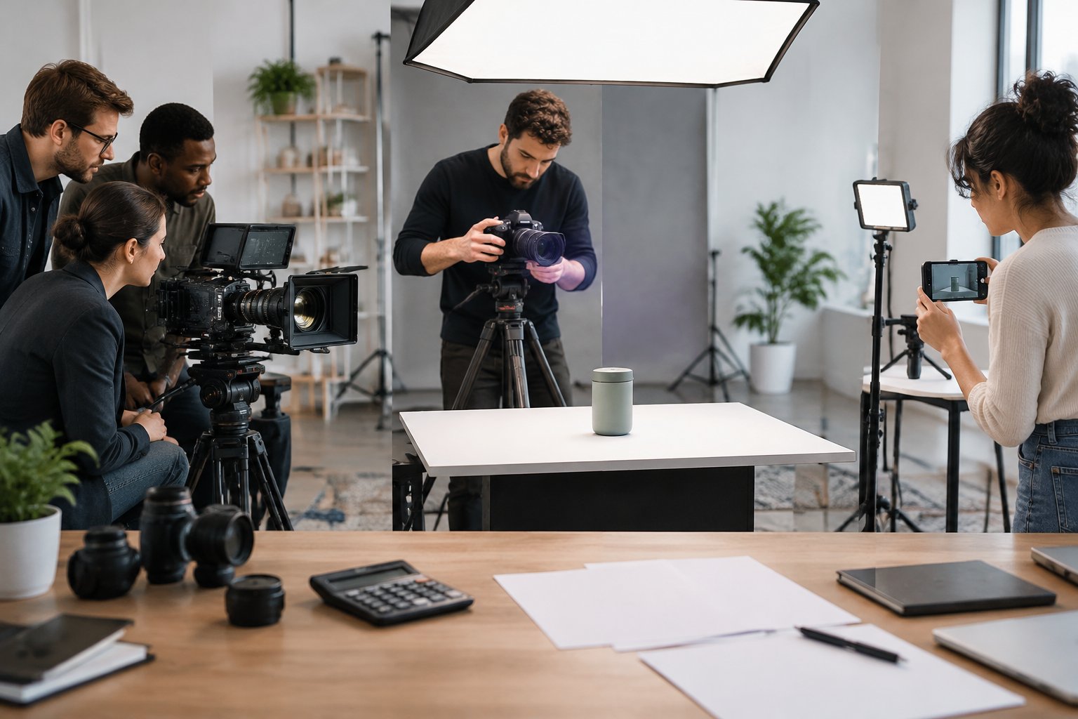 A business owner, a freelance videographer, and a production team prepare to film a product in a studio.