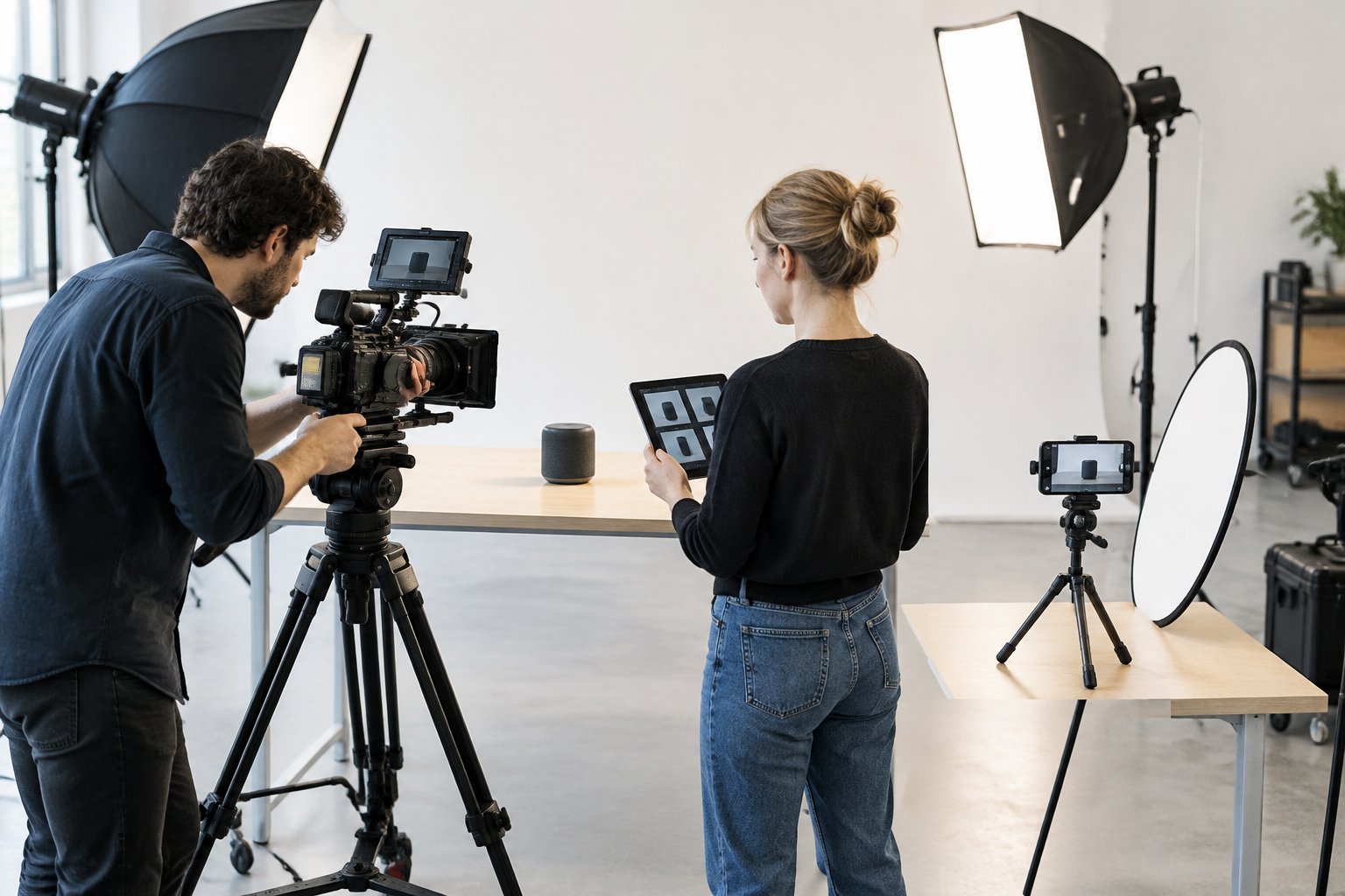 A product video shoot with a professional camera and a smartphone setup.