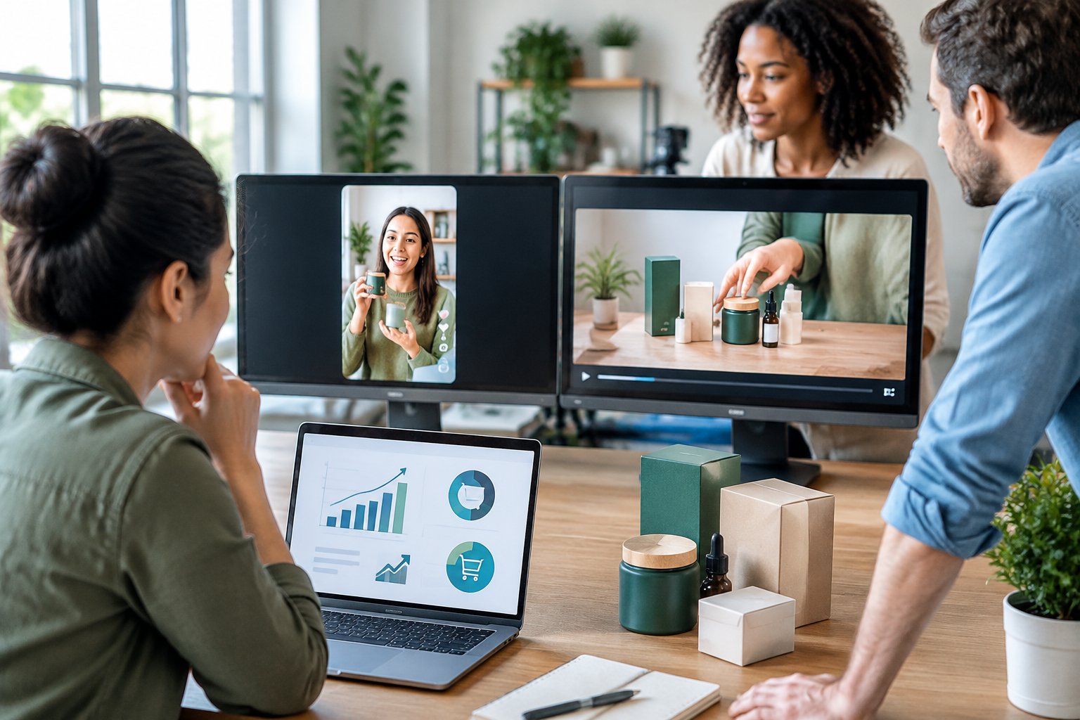 A marketing team compares vertical and widescreen product videos while reviewing sales analytics.