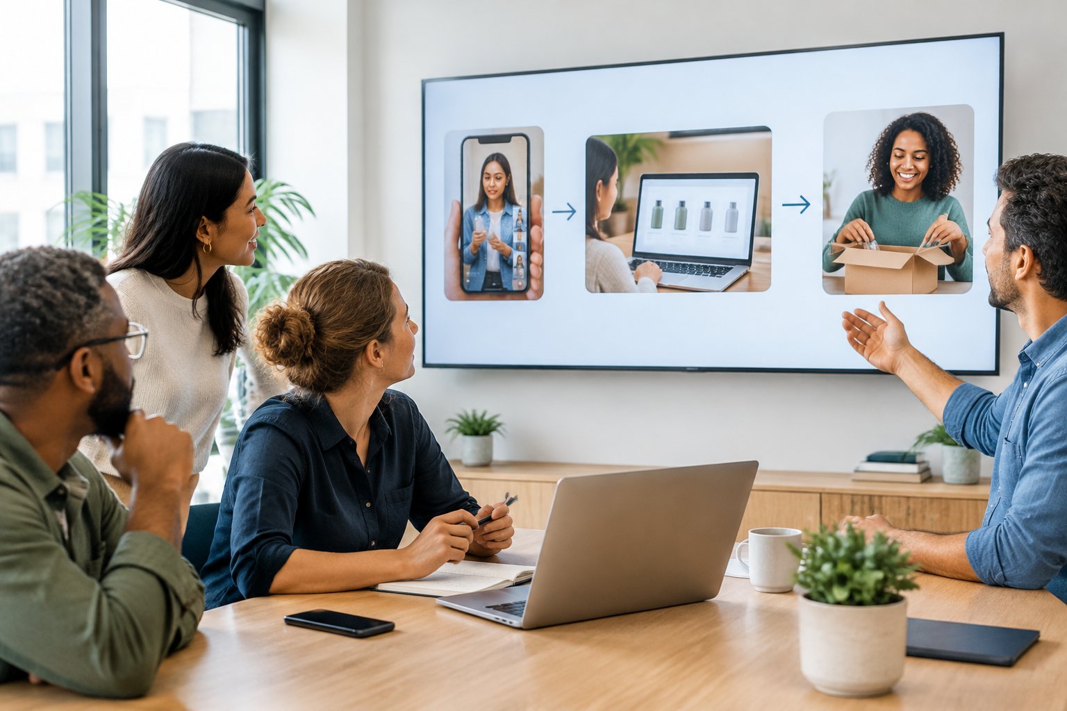 A marketing team reviews short and long video options for different stages of a customer's buying journey.