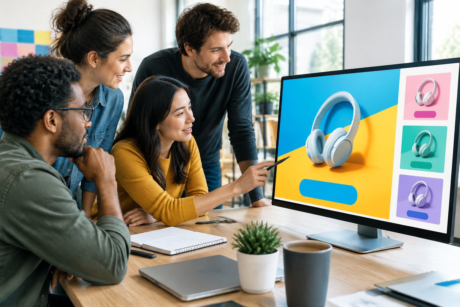 A marketing team reviews colorful advertisement designs on a computer screen.