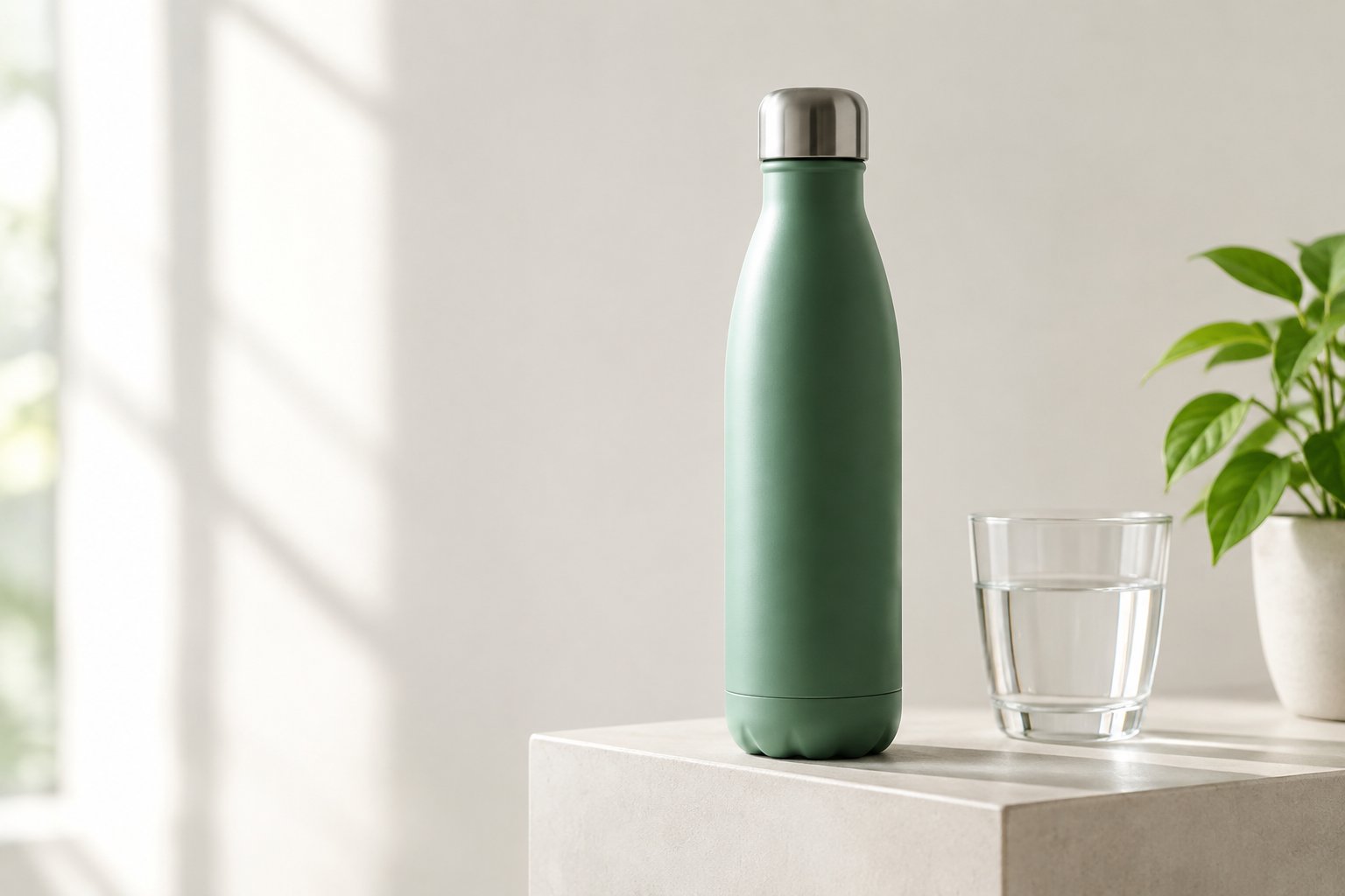 A reusable water bottle displayed beside a glass of water and a small plant.