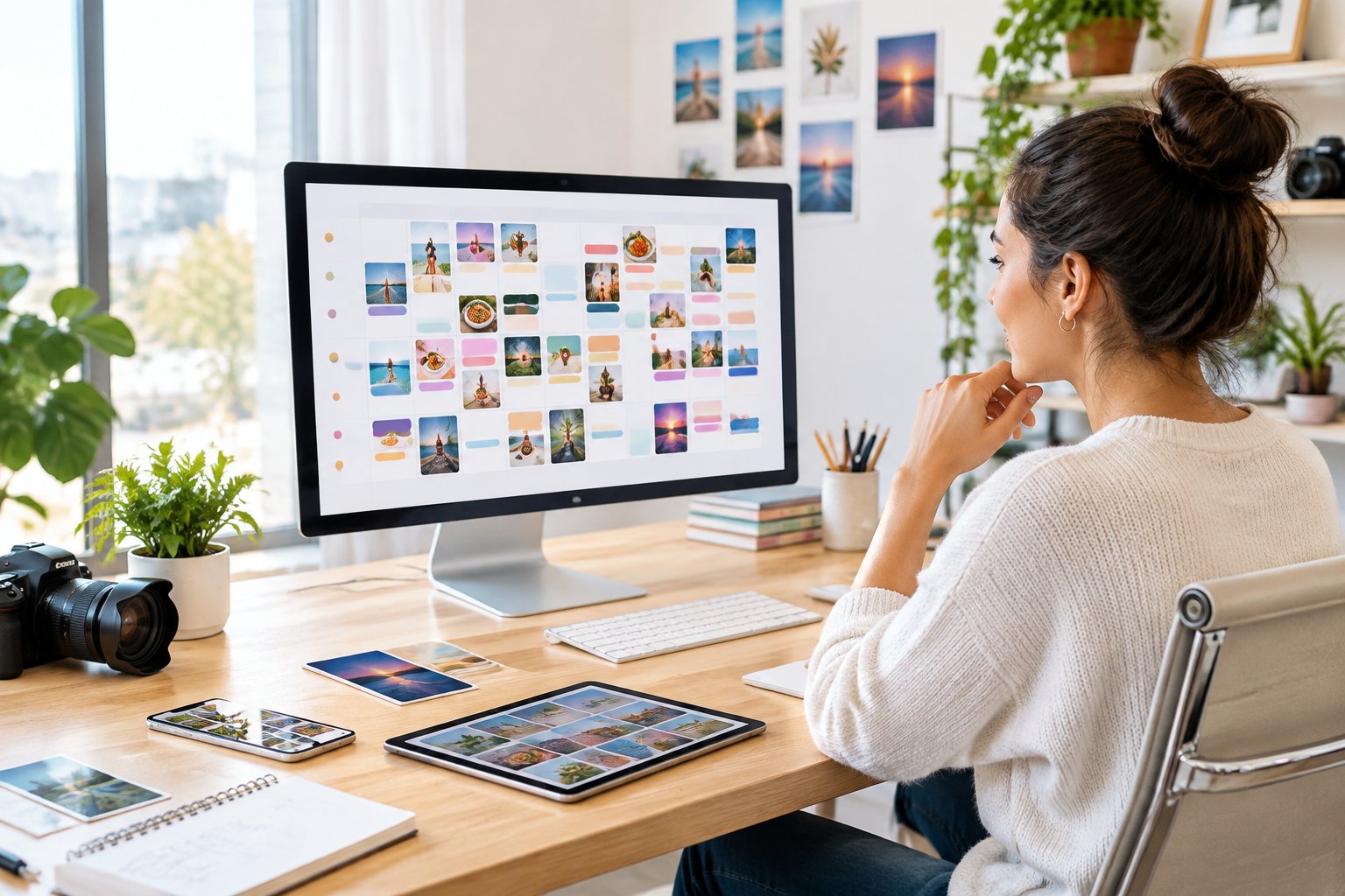 A professional plans a month of social media posts at a computer.