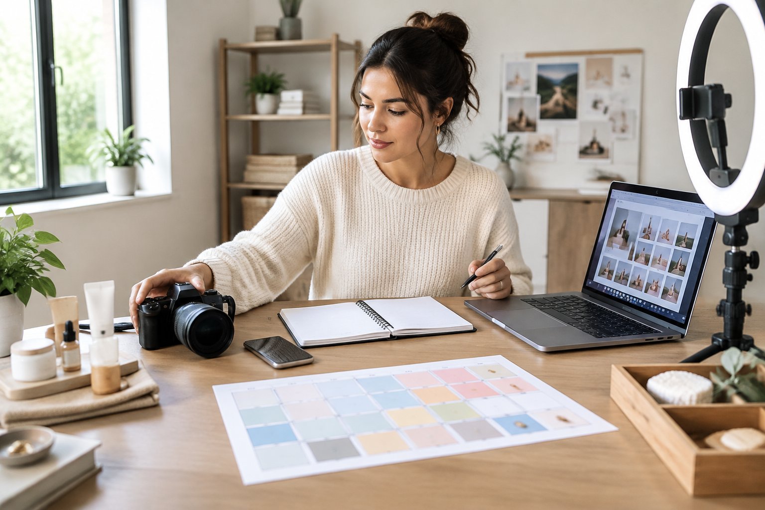 A content creator plans and photographs social media posts at a desk.