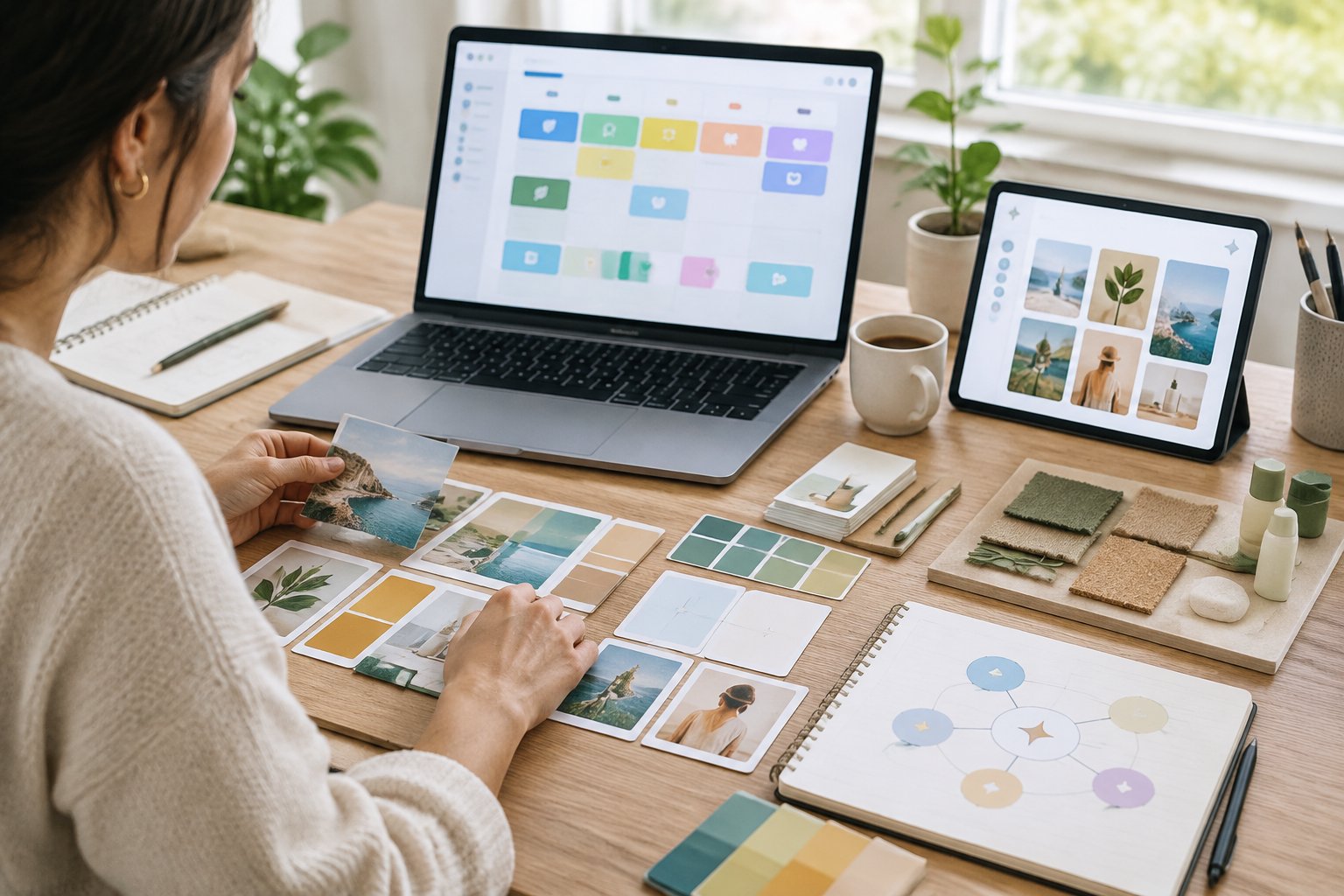 A marketing professional organizes content ideas and visual materials at a desk beside a laptop.