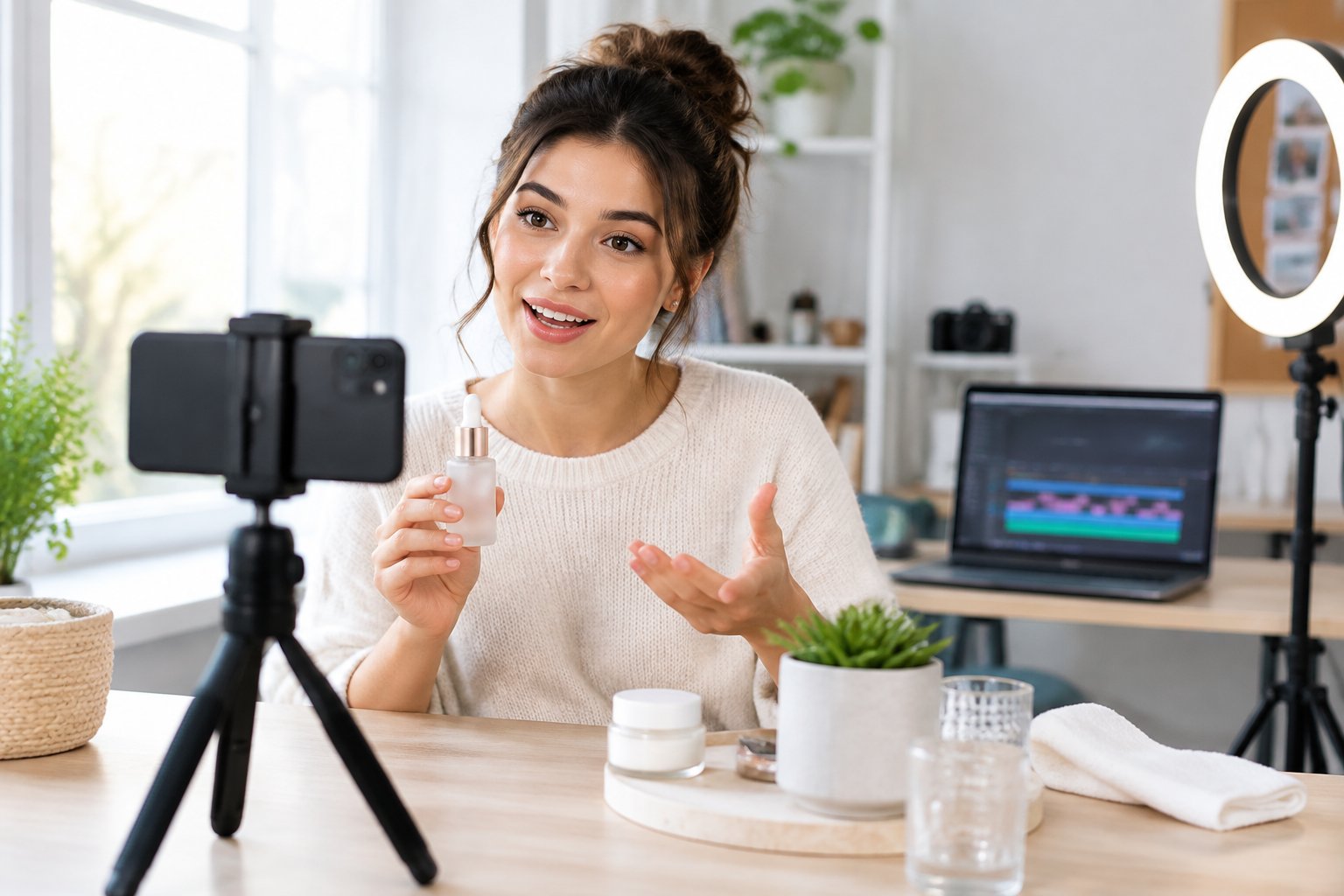 A content creator films a product video with a smartphone in a home studio.