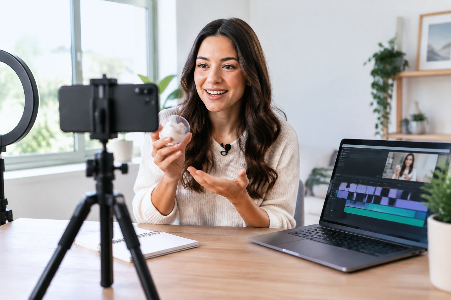 A content creator records a product video with a smartphone in a home studio.