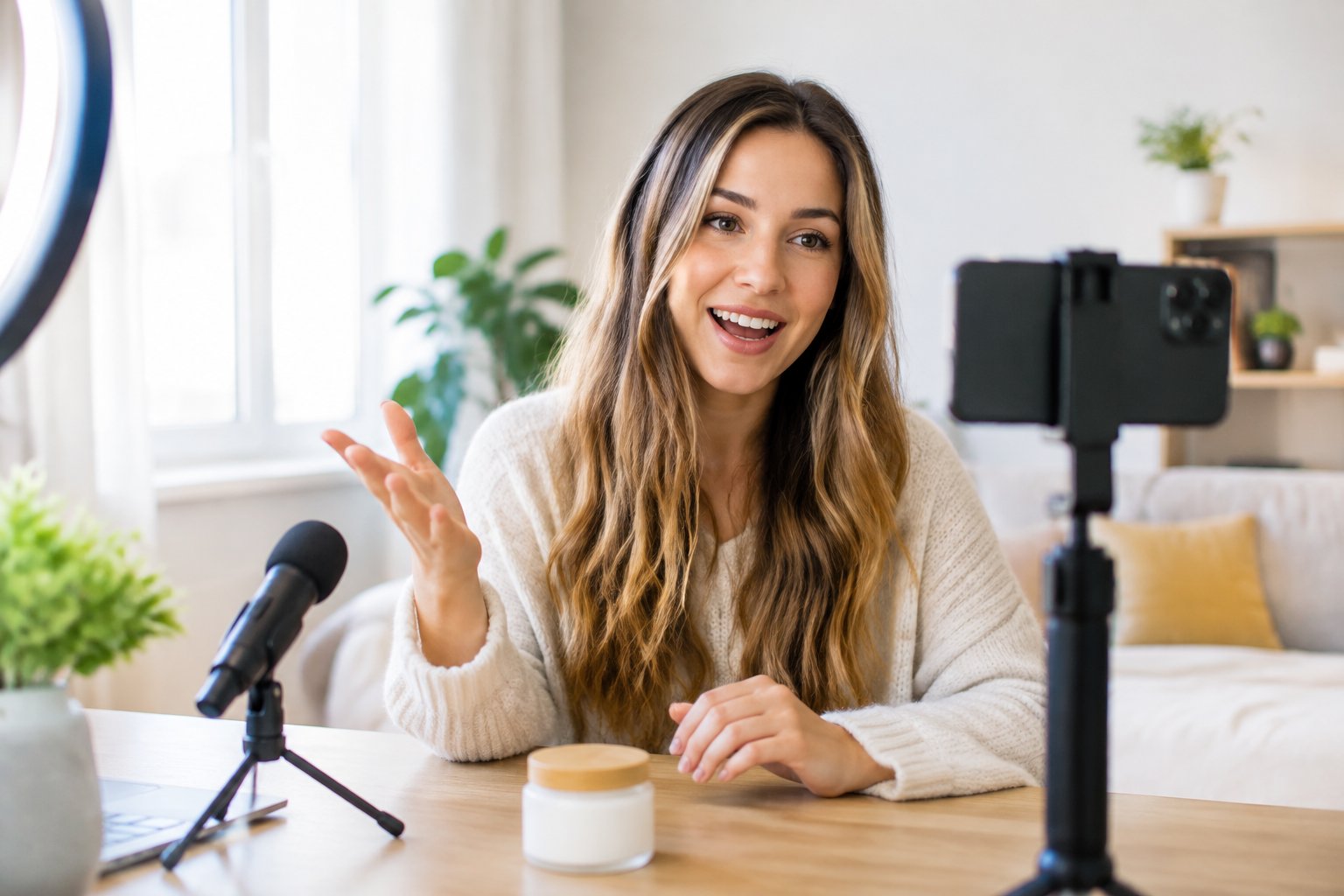 A content creator speaks to a smartphone camera in a home studio.
