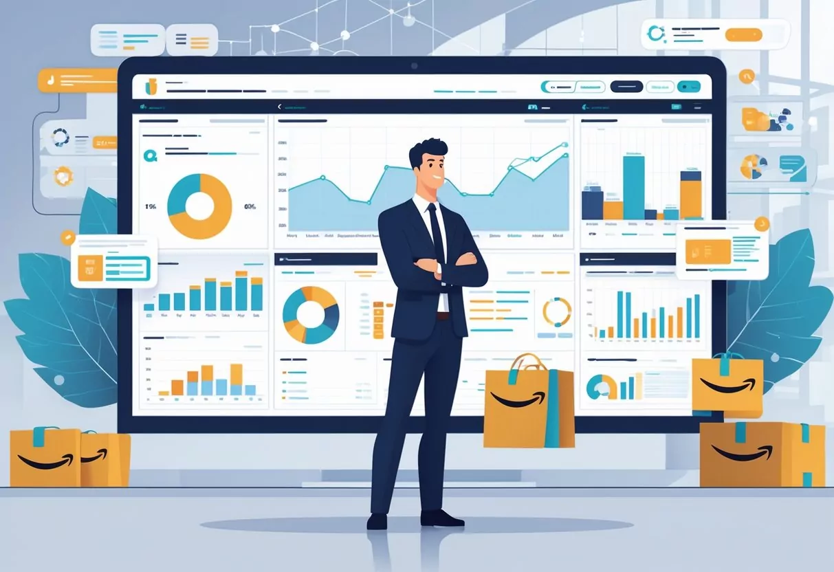 A business professional analyzing charts and data on a digital dashboard with Amazon packages and icons representing e-commerce strategy around them.