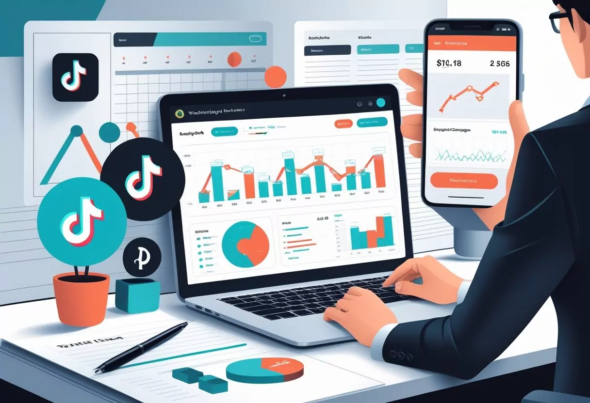 A person at a desk analyzing social media ad data on a laptop and smartphone, surrounded by charts and symbols representing online advertising and campaign growth.