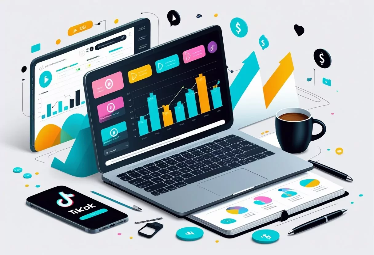 A workspace with a laptop showing charts and graphs, a smartphone with the TikTok icon, and marketing tools on a desk.