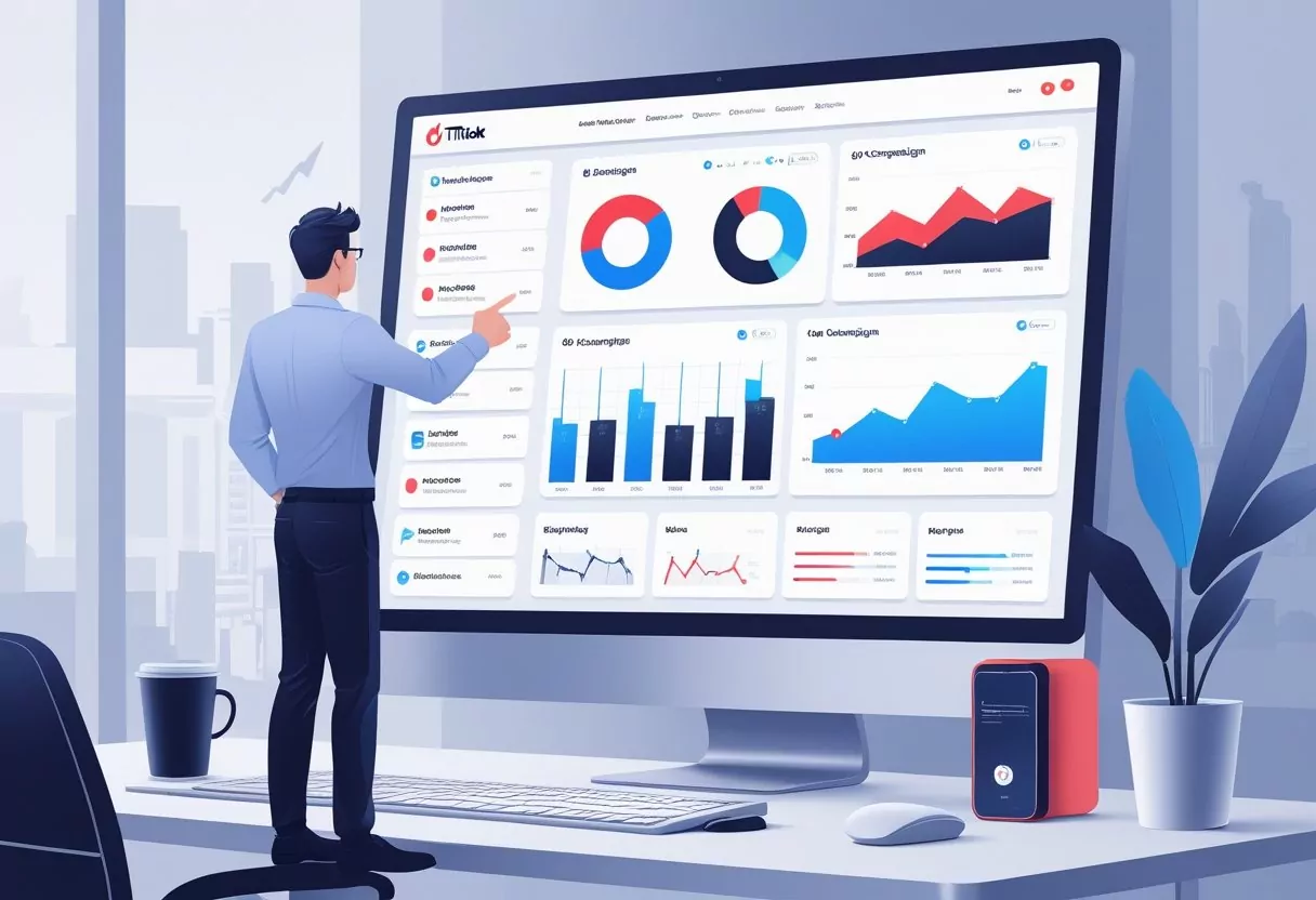 A person using a computer displaying an ads management dashboard with charts and metrics.