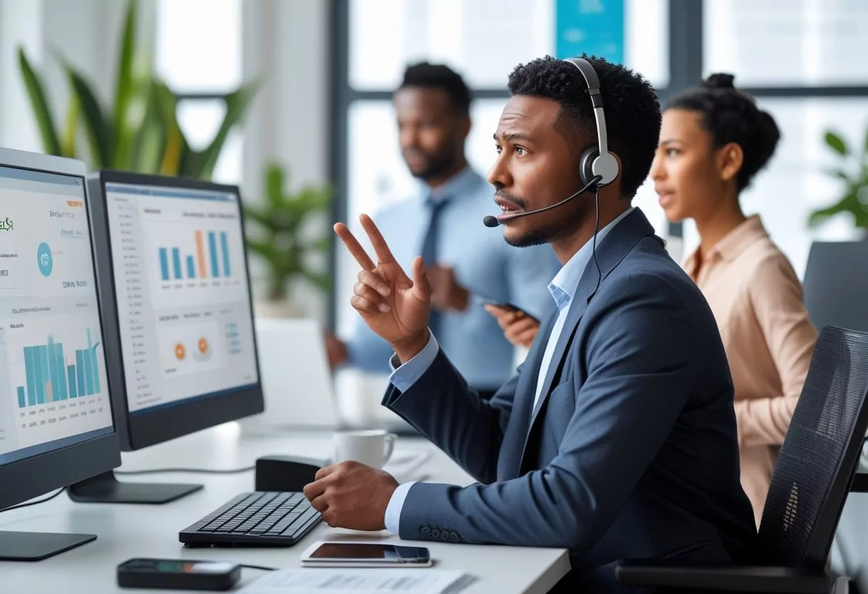 A customer service representative wearing a headset talks to a concerned customer holding a smartphone in a bright office setting.