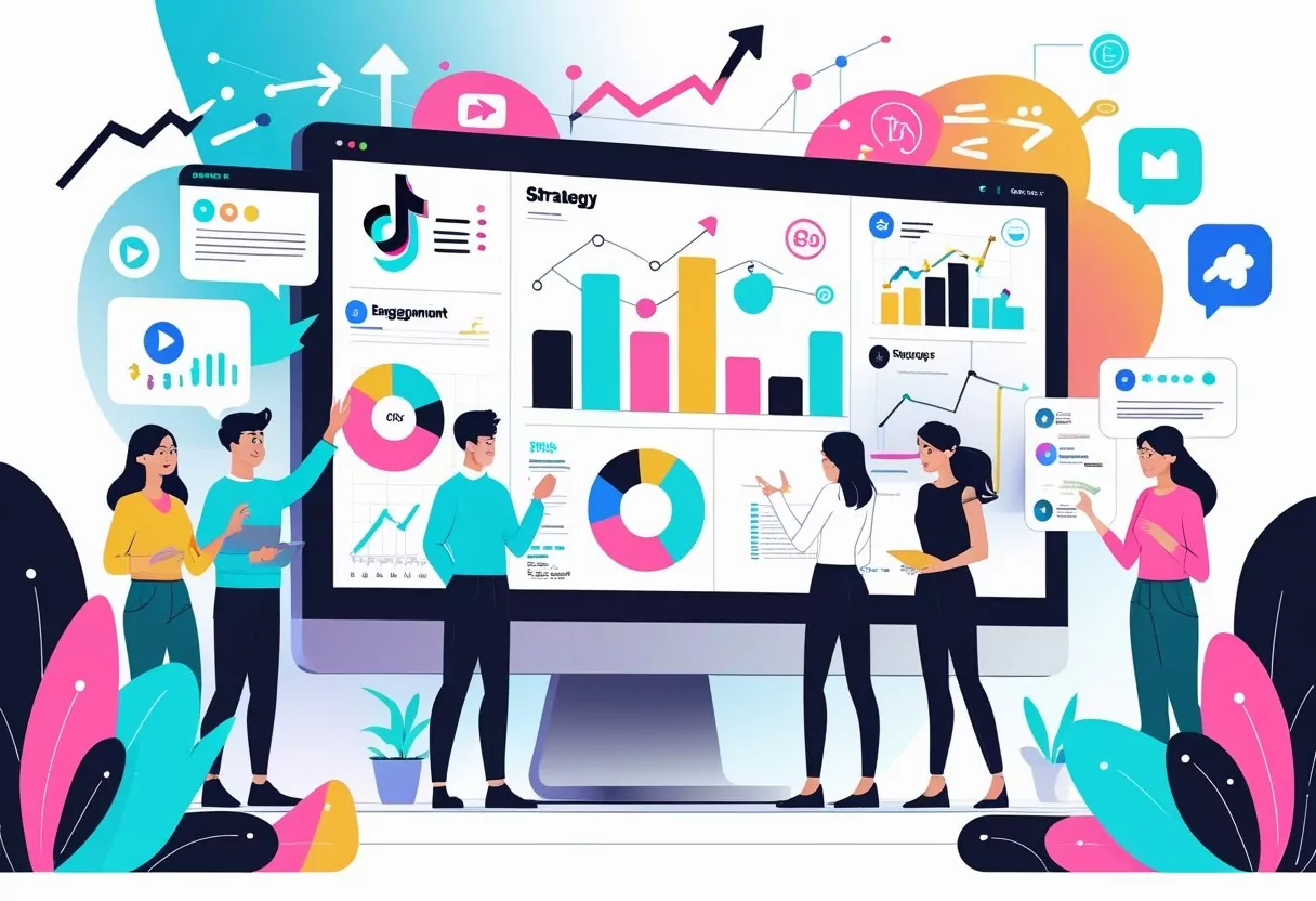 A group of young professionals collaborating in an office with screens showing colorful graphs and social media icons, symbolizing teamwork and digital marketing strategies.