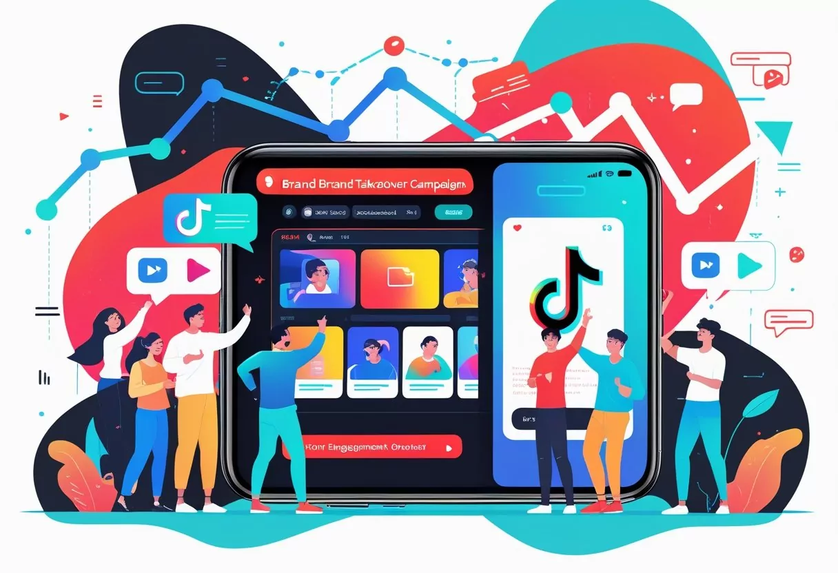 A smartphone displaying TikTok videos with diverse people engaging around it, accompanied by graphical icons representing digital marketing and growth.